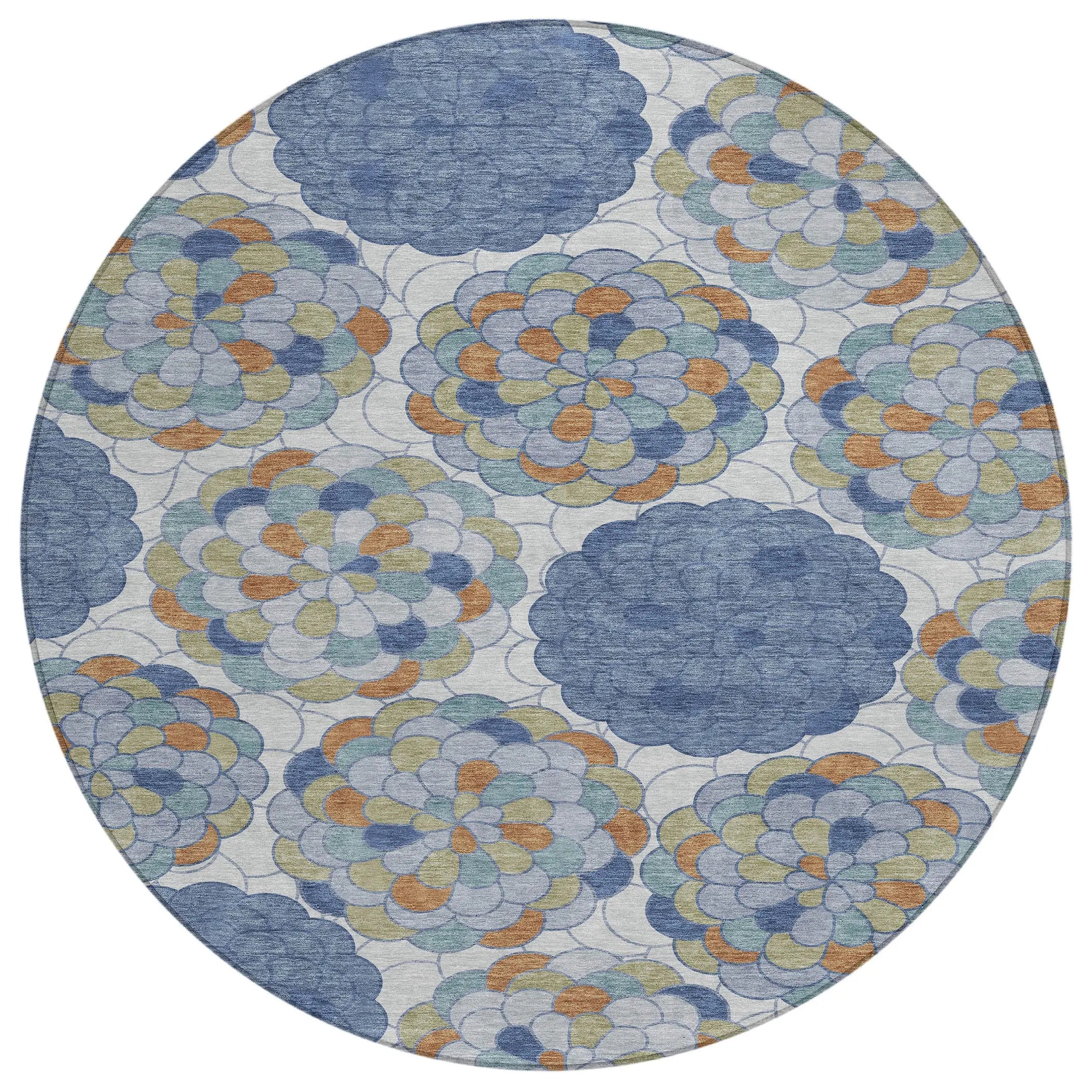 8' Denim Blue And Silver Round Floral Washable Indoor Outdoor Area Rug Homeroots Outdoor