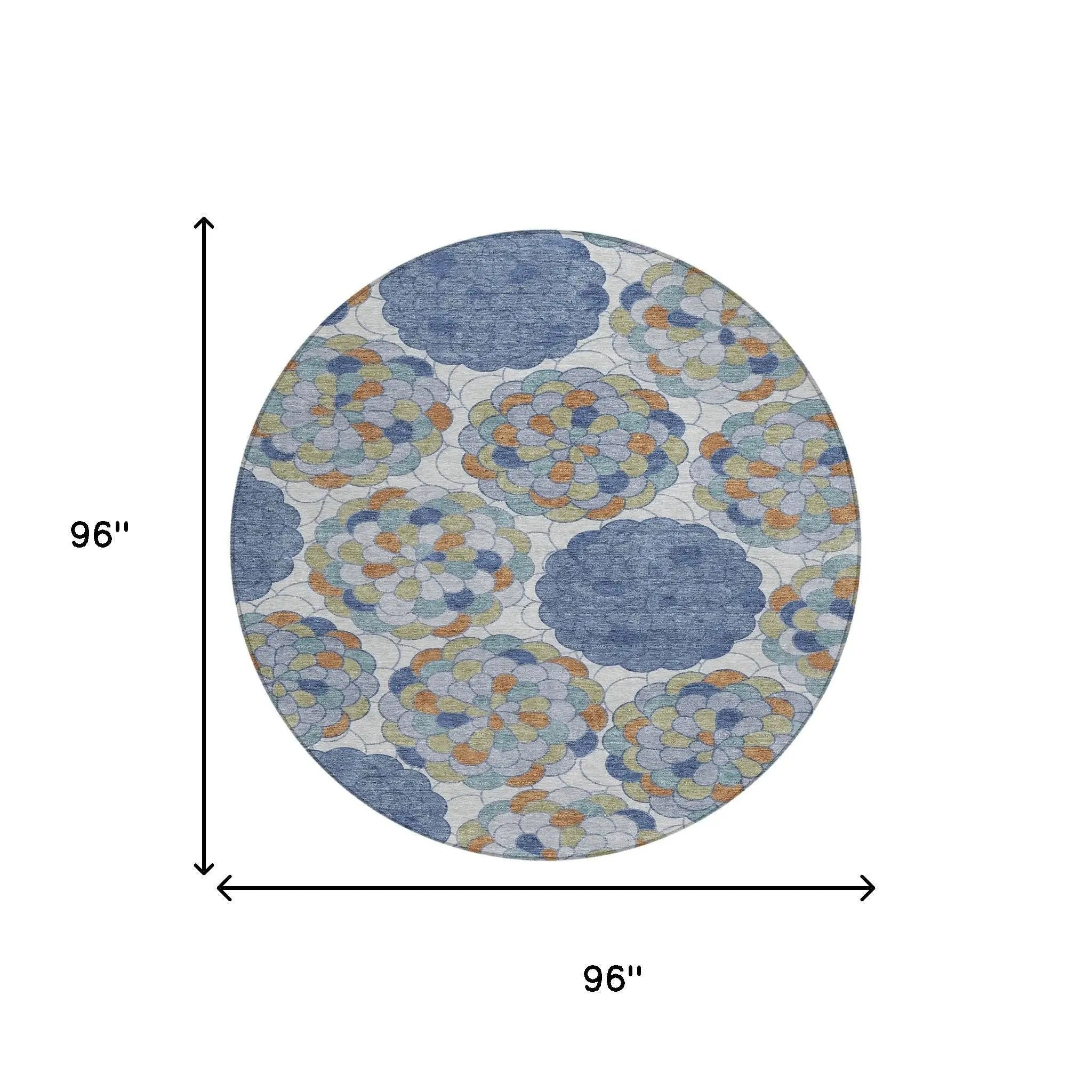 8' Denim Blue And Silver Round Floral Washable Indoor Outdoor Area Rug Homeroots Outdoor