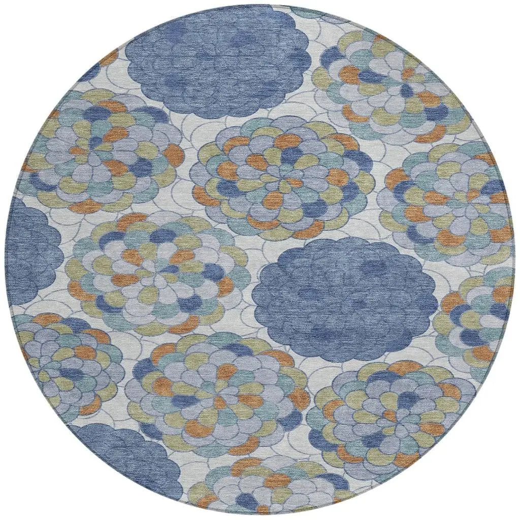 8' Denim Blue And Silver Round Floral Washable Indoor Outdoor Area Rug Homeroots Outdoor