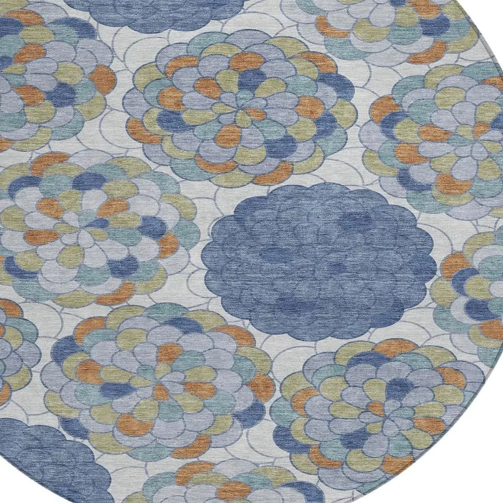 8' Denim Blue And Silver Round Floral Washable Indoor Outdoor Area Rug Homeroots Outdoor