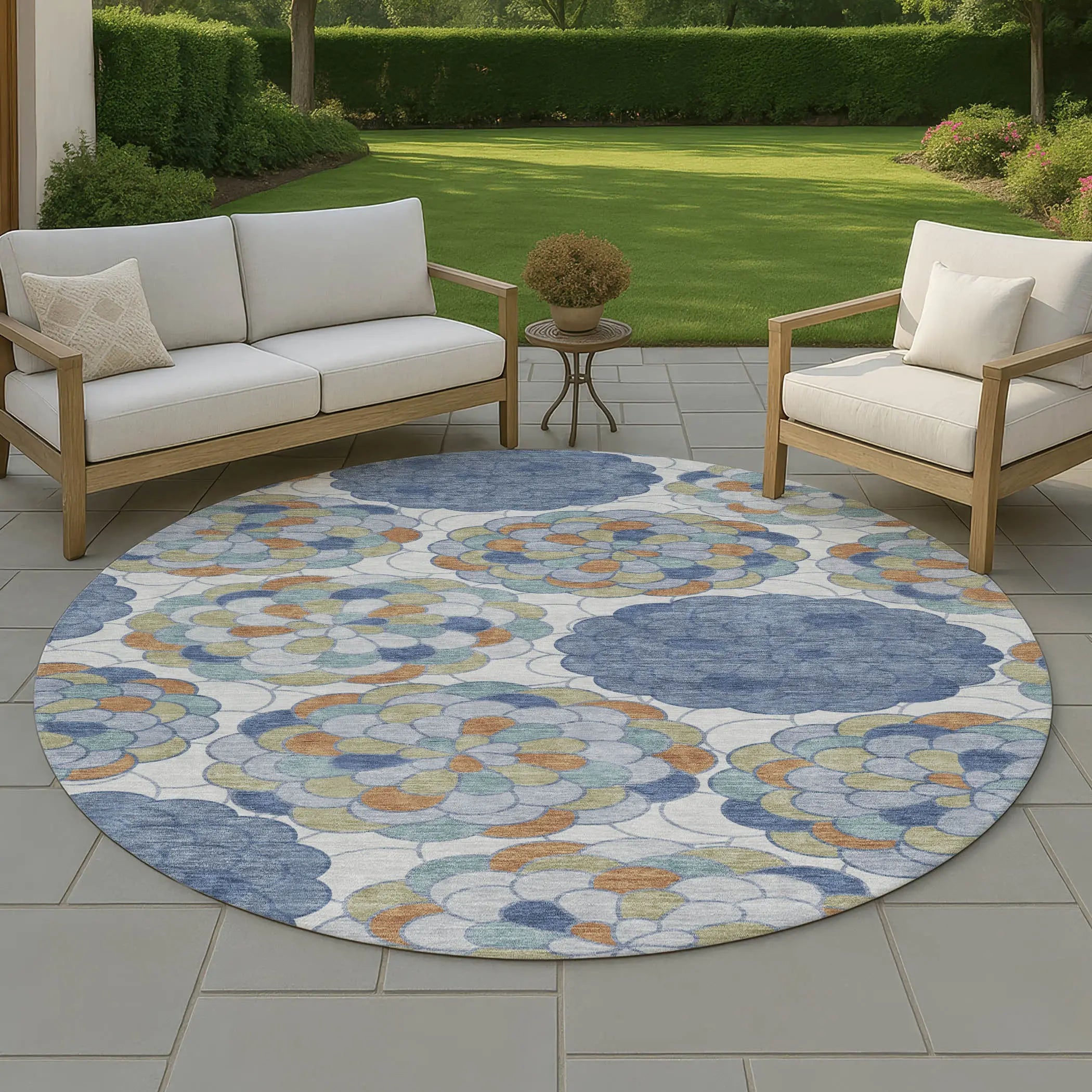 8' Denim Blue And Silver Round Floral Washable Indoor Outdoor Area Rug Homeroots Outdoor