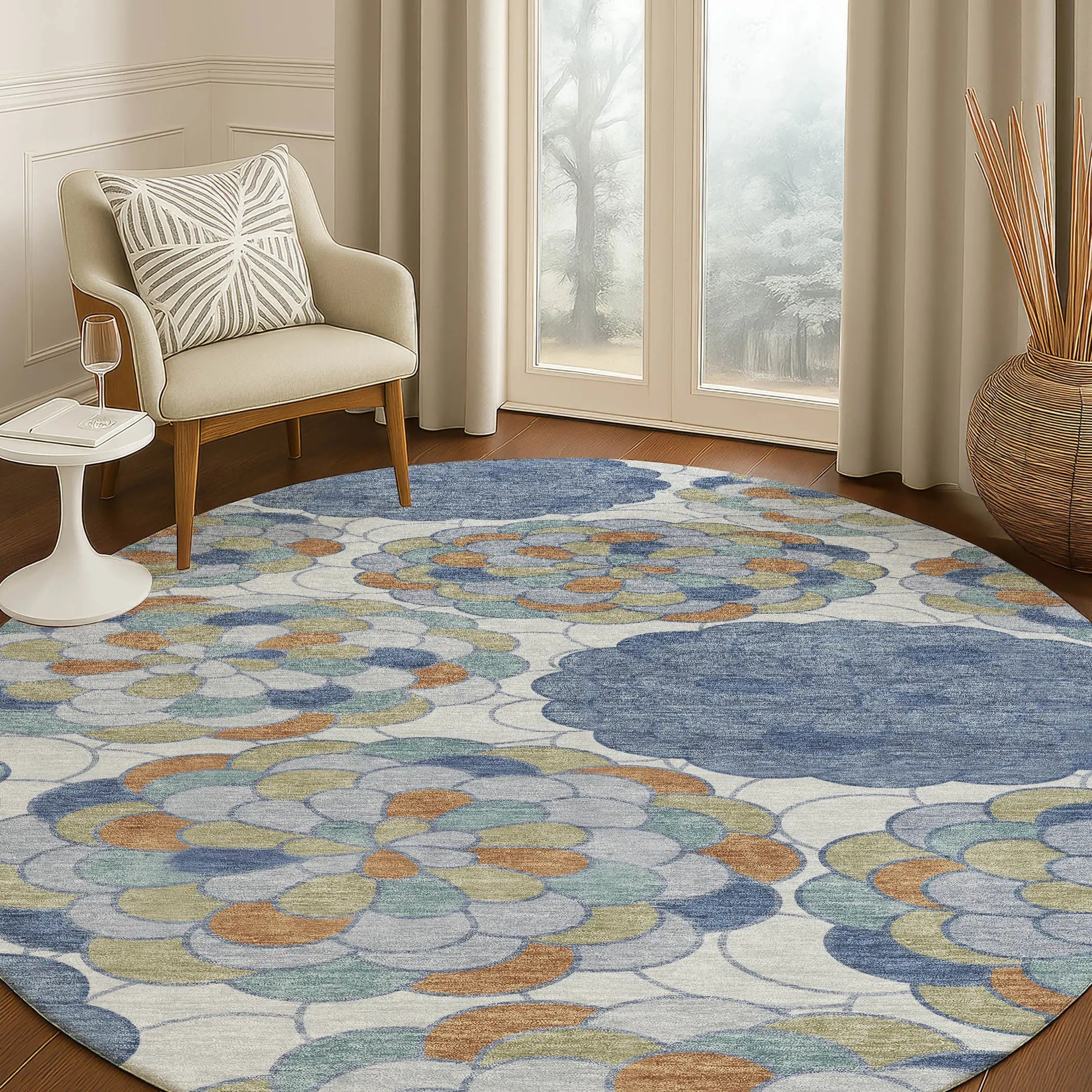 8' Denim Blue And Silver Round Floral Washable Indoor Outdoor Area Rug Homeroots Outdoor