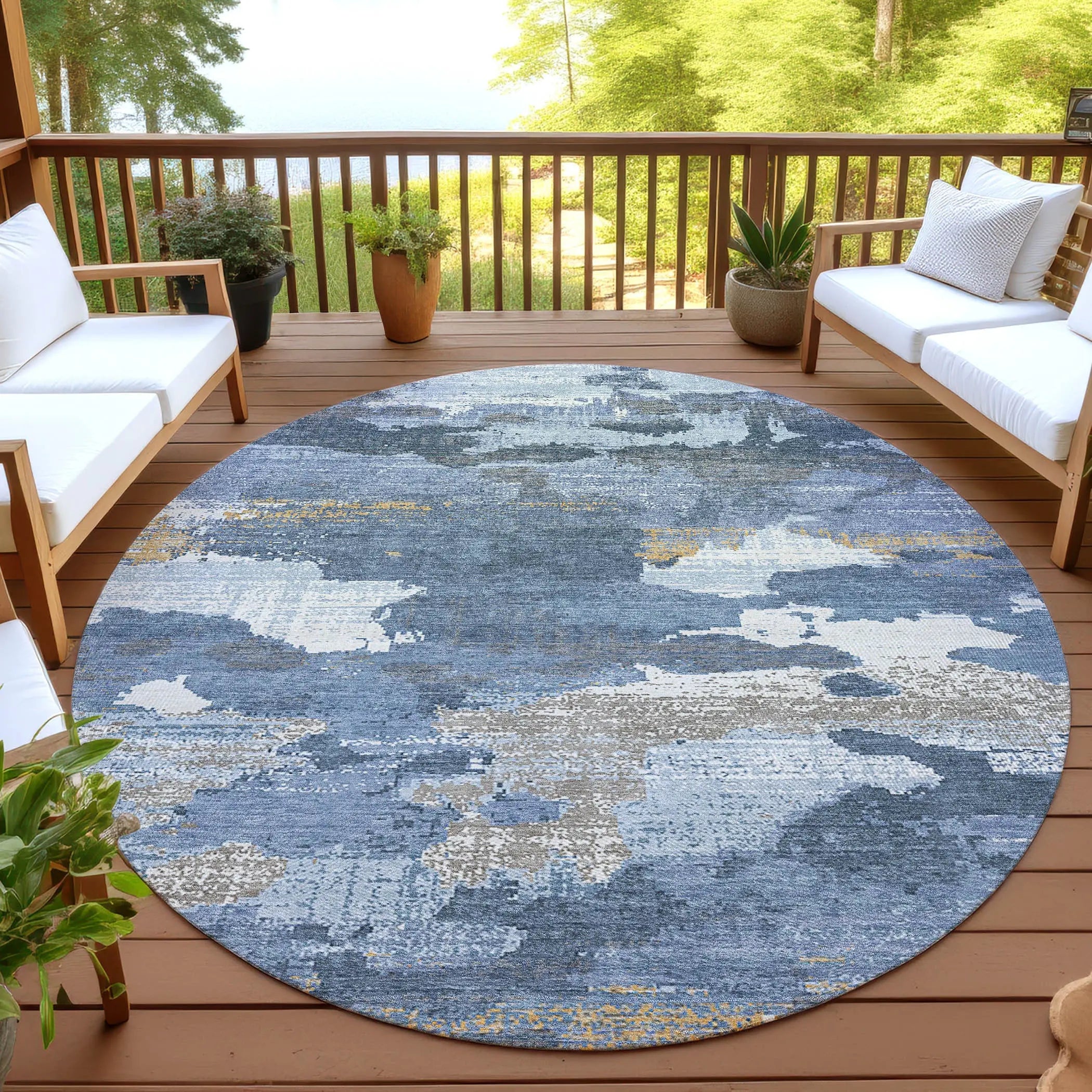 8' Denim Blue And Sky Blue Round Abstract Washable Indoor Outdoor Area Rug Homeroots Outdoor