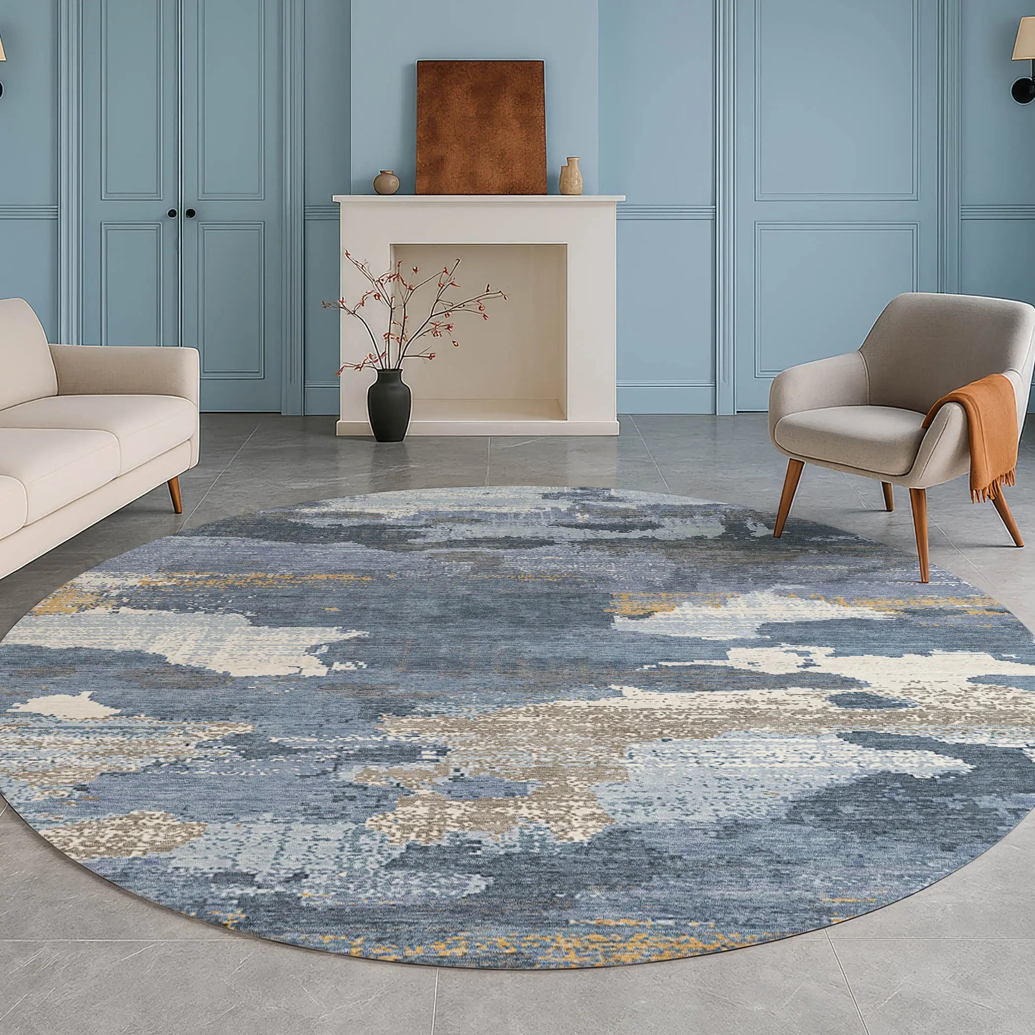 8' Denim Blue And Sky Blue Round Abstract Washable Indoor Outdoor Area Rug Homeroots Outdoor
