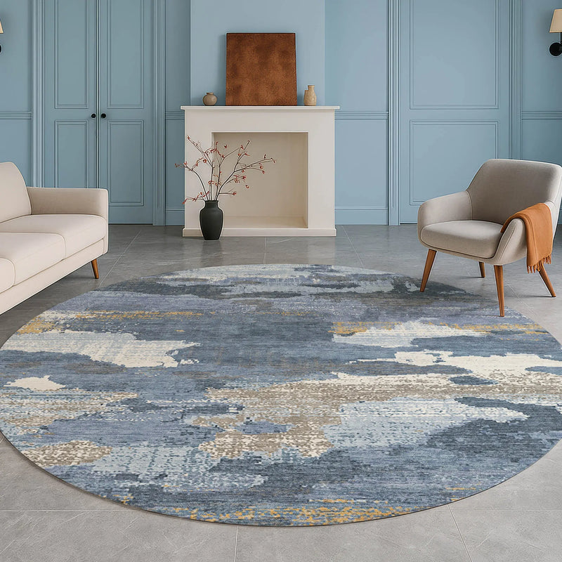 8' Denim Blue And Sky Blue Round Abstract Washable Indoor Outdoor Area Rug Homeroots Outdoor