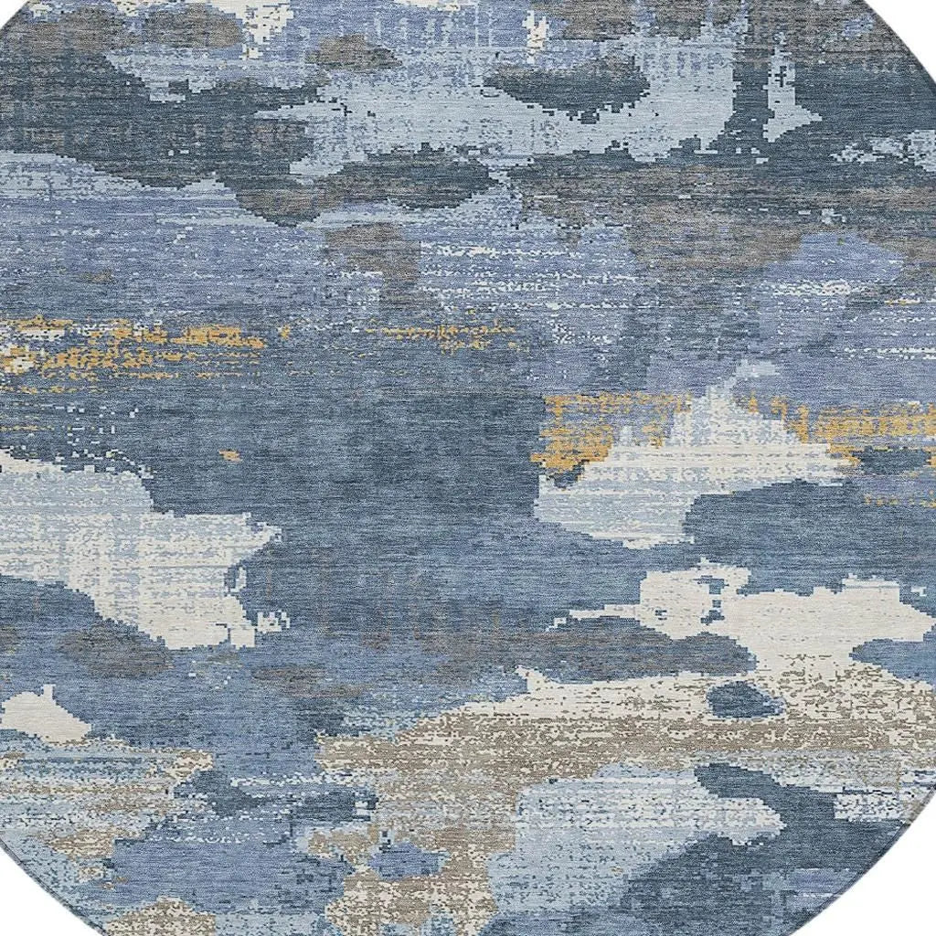 8' Denim Blue And Sky Blue Round Abstract Washable Indoor Outdoor Area Rug Homeroots Outdoor
