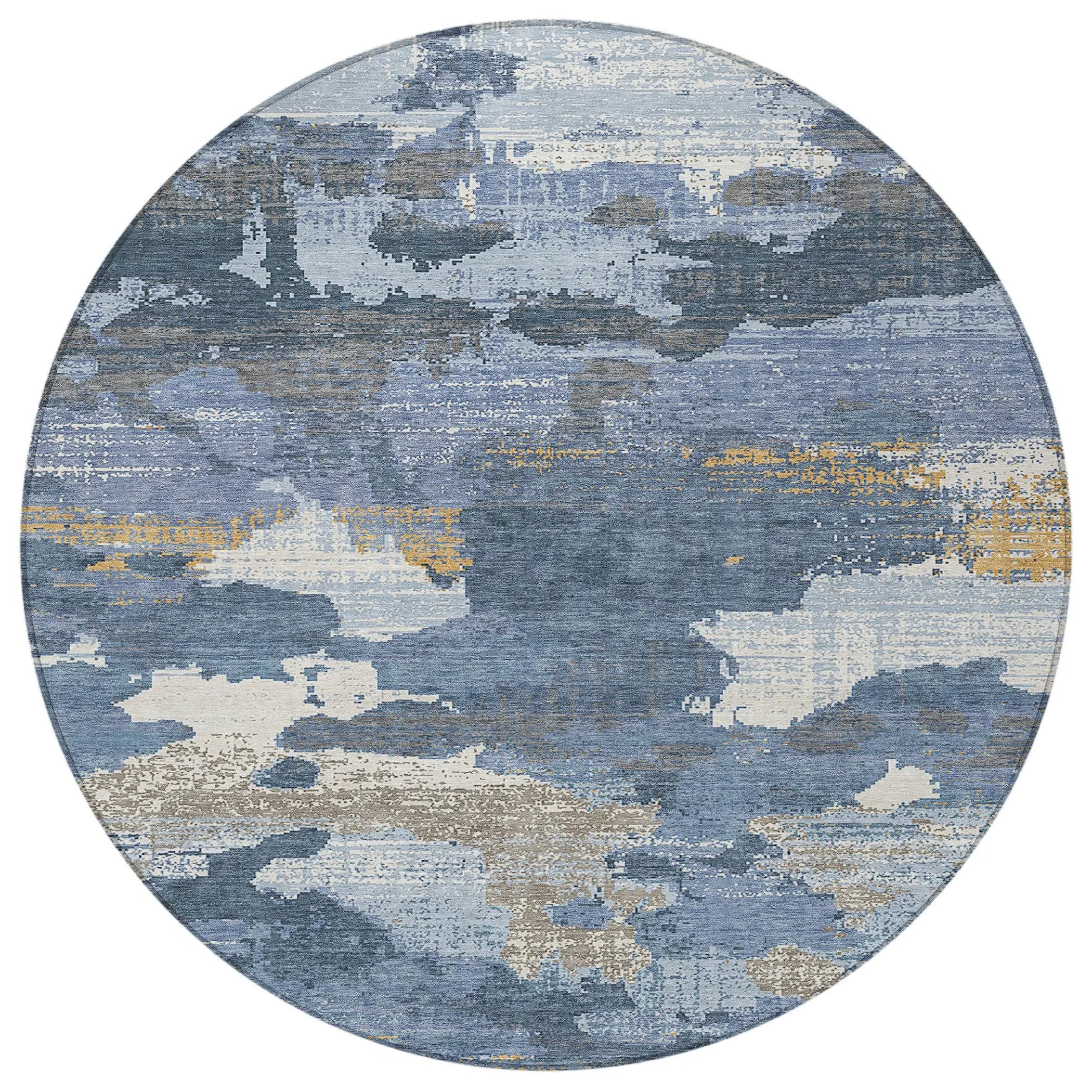 8' Denim Blue And Sky Blue Round Abstract Washable Indoor Outdoor Area Rug Homeroots Outdoor