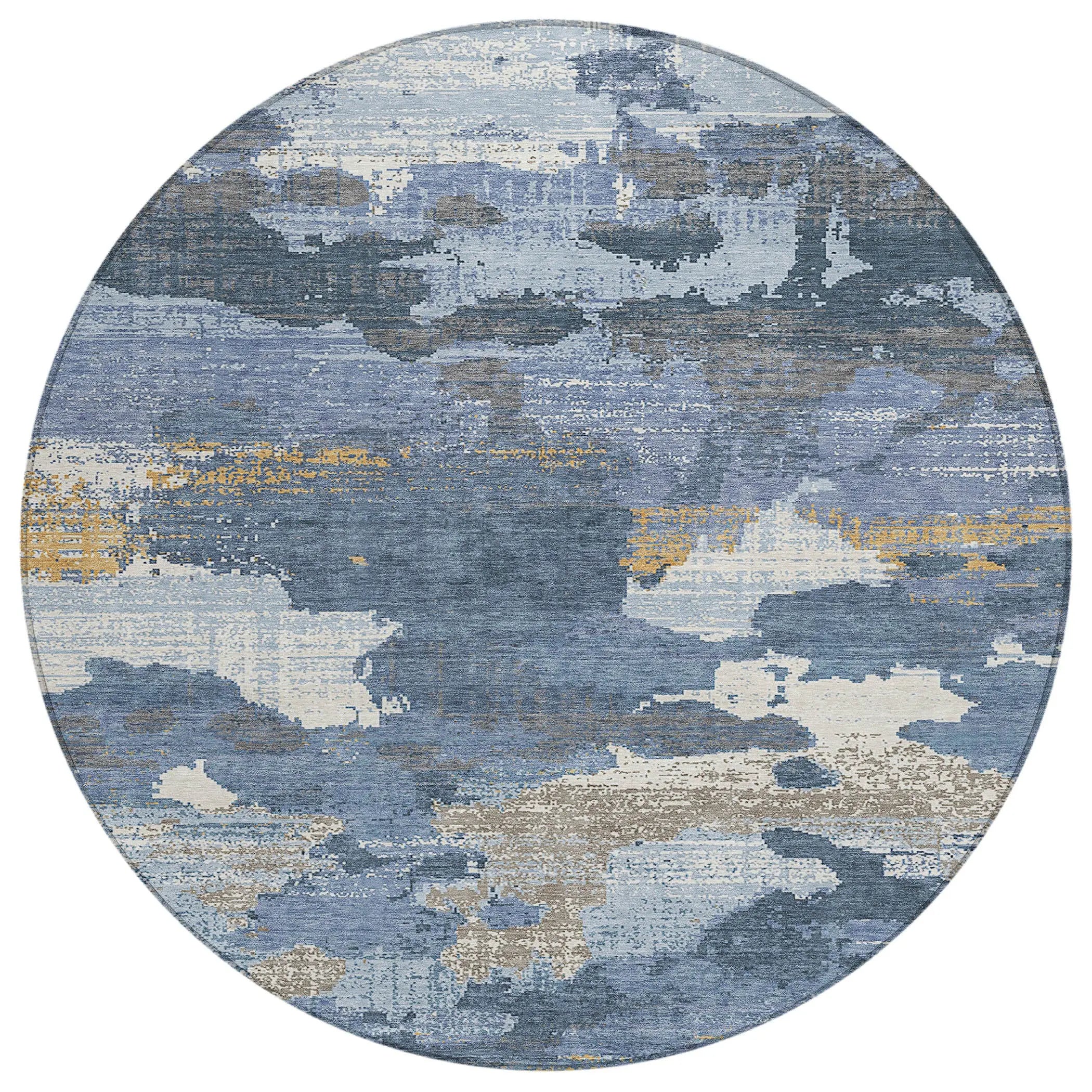 8' Denim Blue And Sky Blue Round Abstract Washable Indoor Outdoor Area Rug Homeroots Outdoor