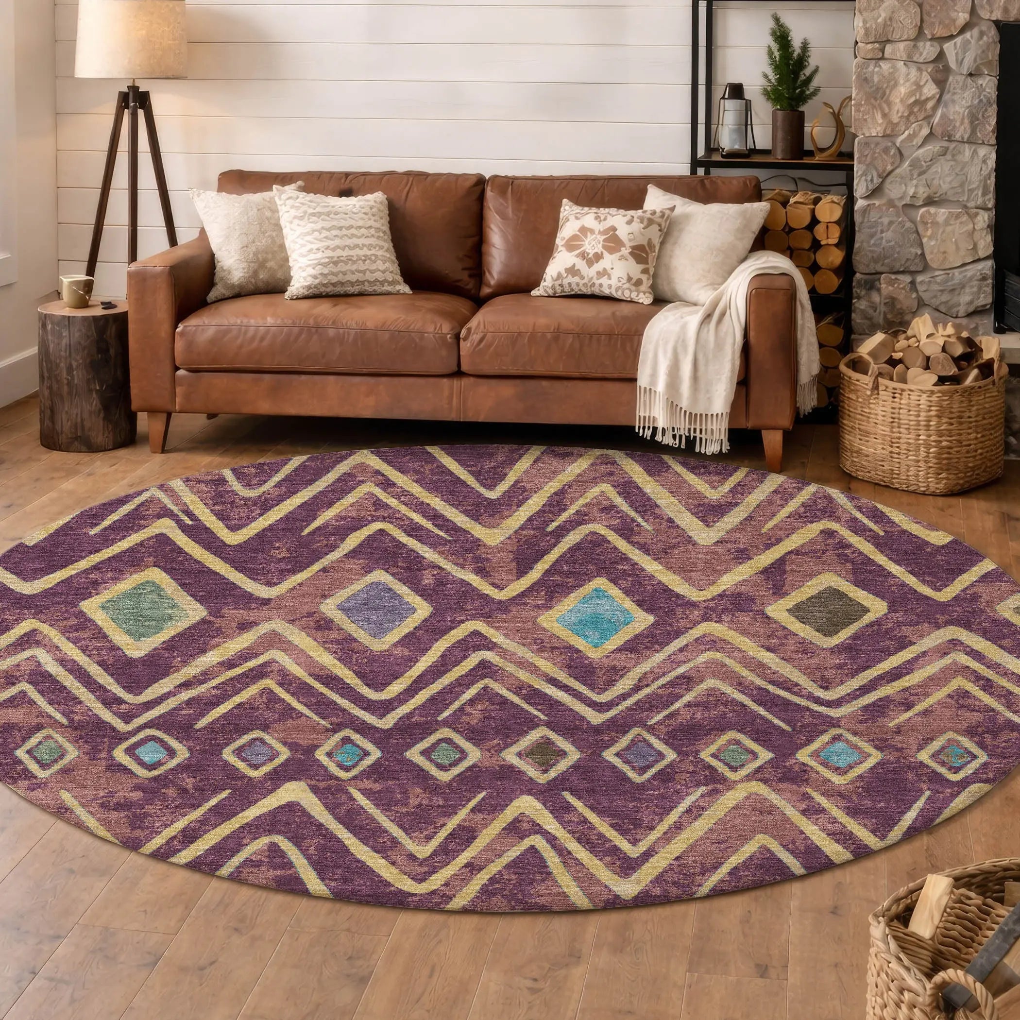 8' Eggplant And Blue Round Geometric Washable Indoor Outdoor Area Rug Homeroots Outdoor