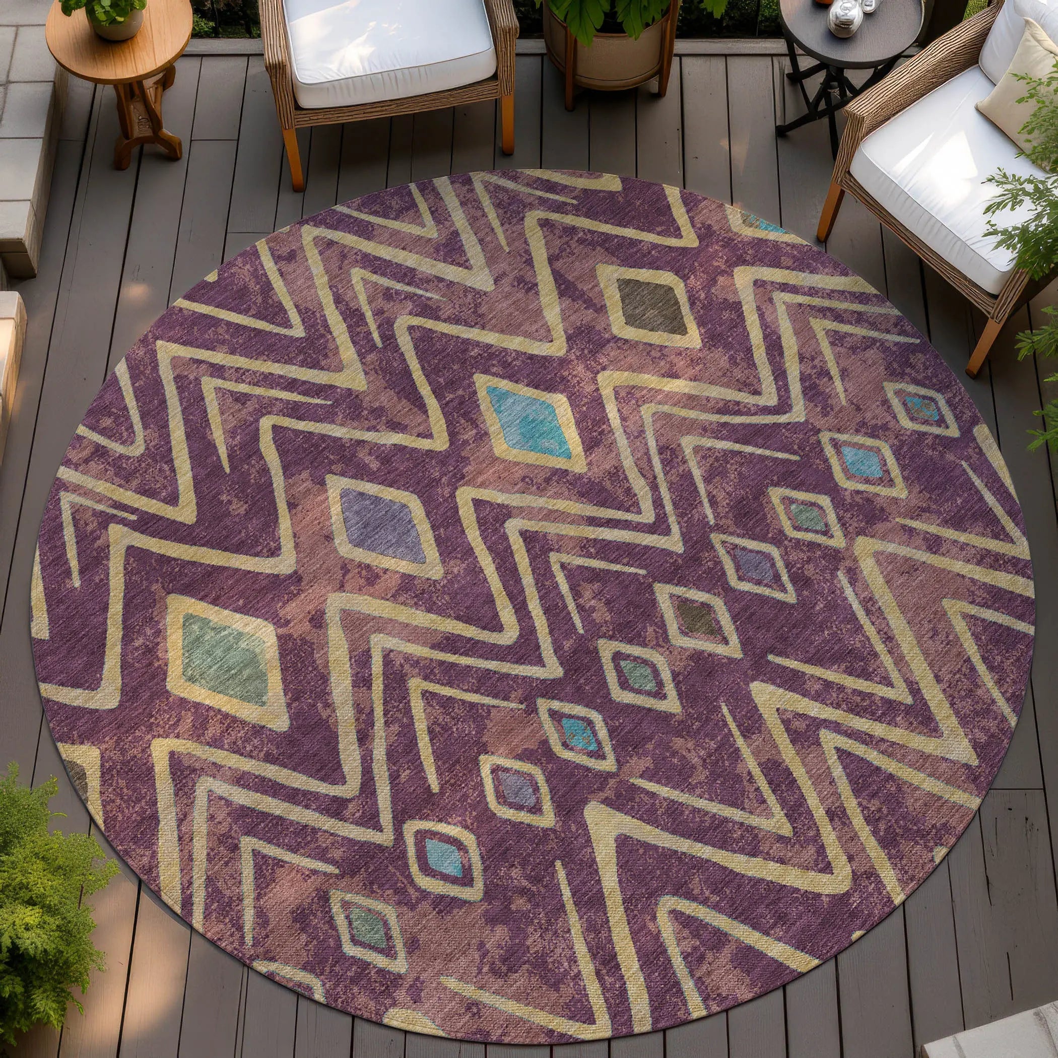 8' Eggplant And Blue Round Geometric Washable Indoor Outdoor Area Rug Homeroots Outdoor