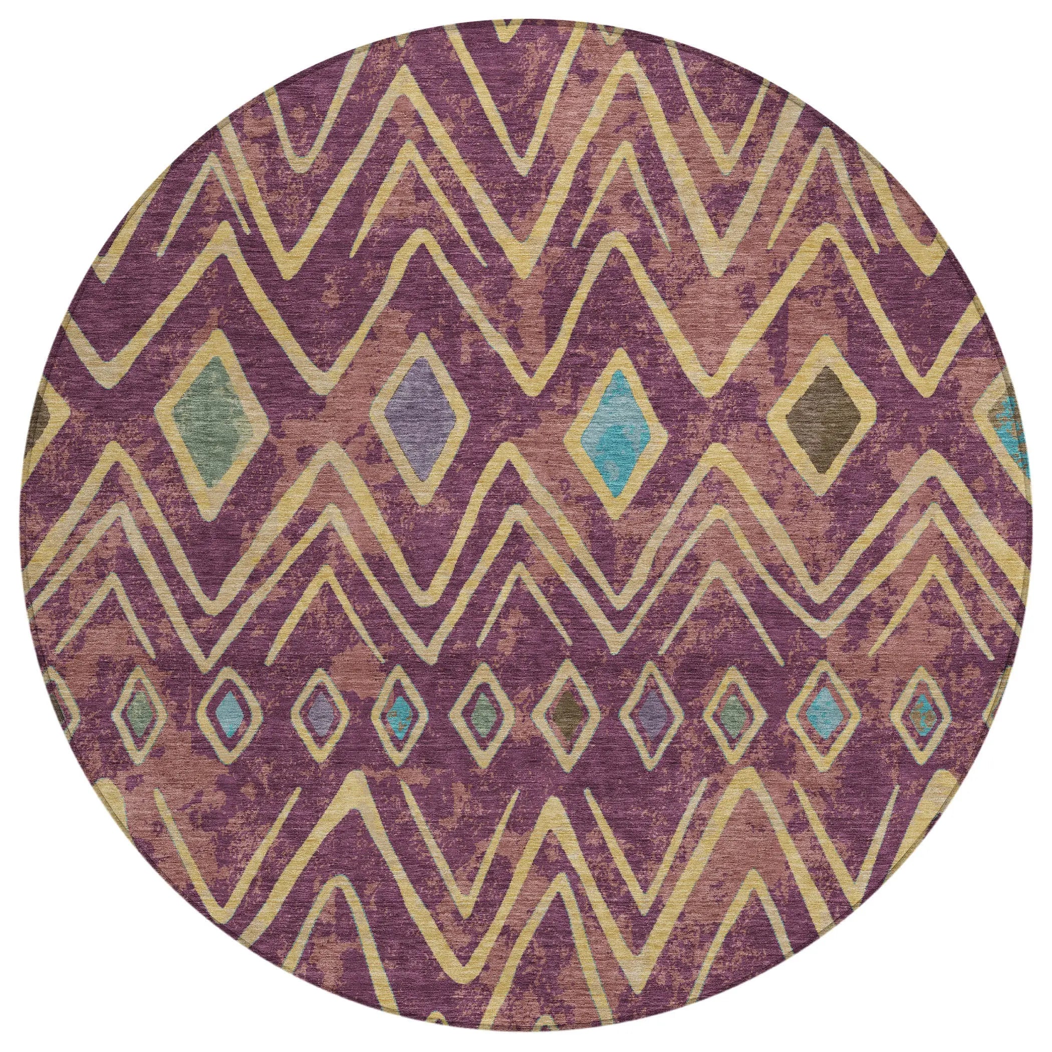 8' Eggplant And Blue Round Geometric Washable Indoor Outdoor Area Rug Homeroots Outdoor