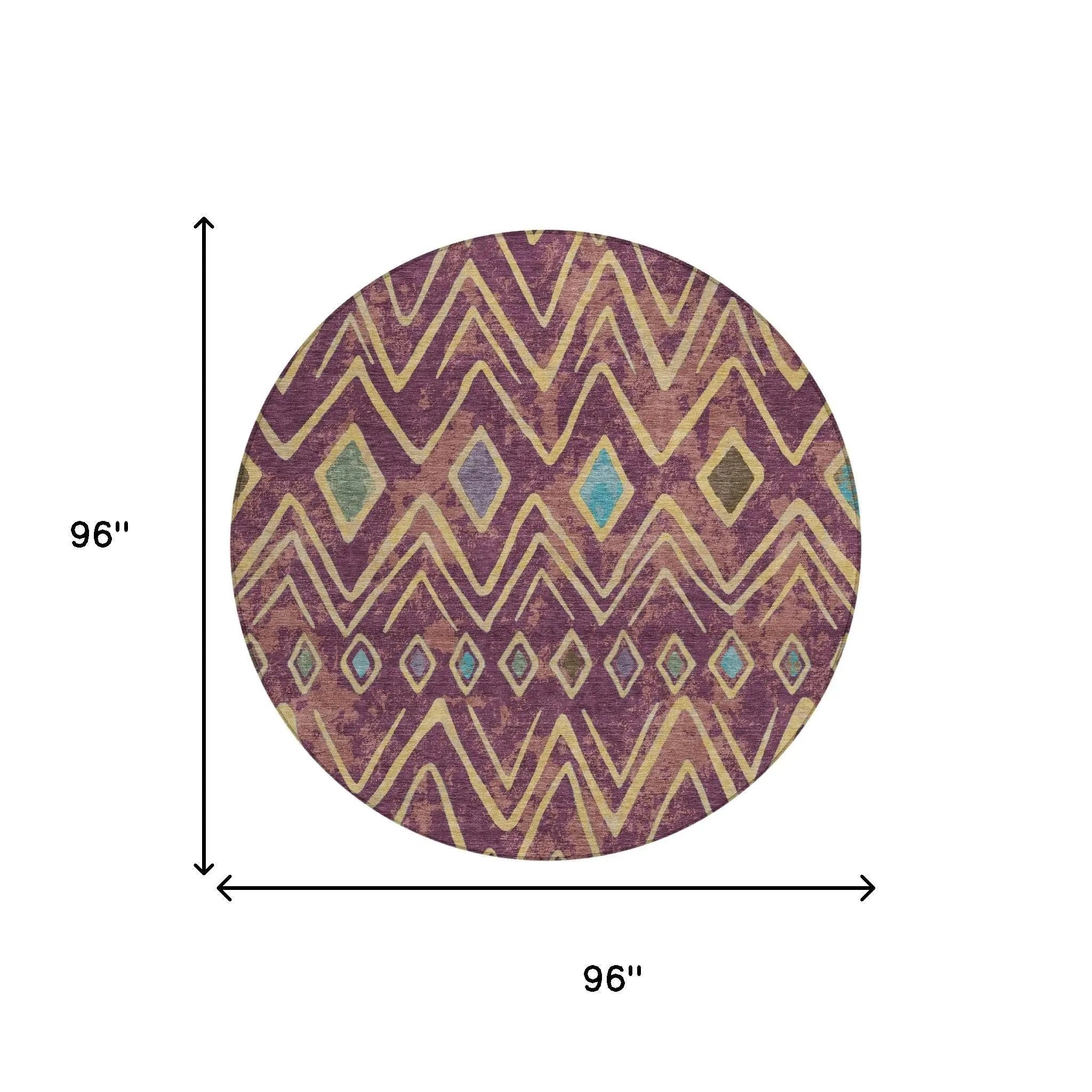 8' Eggplant And Blue Round Geometric Washable Indoor Outdoor Area Rug Homeroots Outdoor