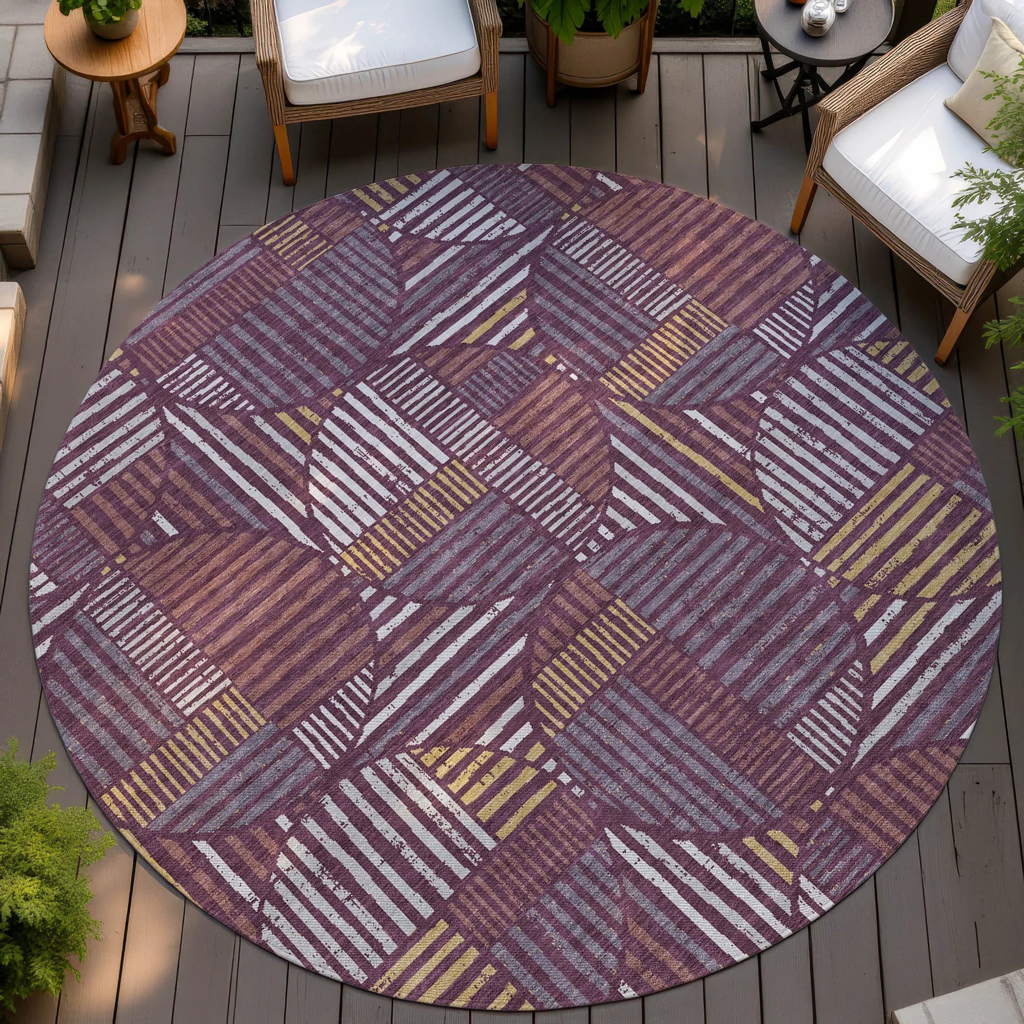8' Eggplant And Brown Round Geometric Washable Indoor Outdoor Area Rug Homeroots Outdoor