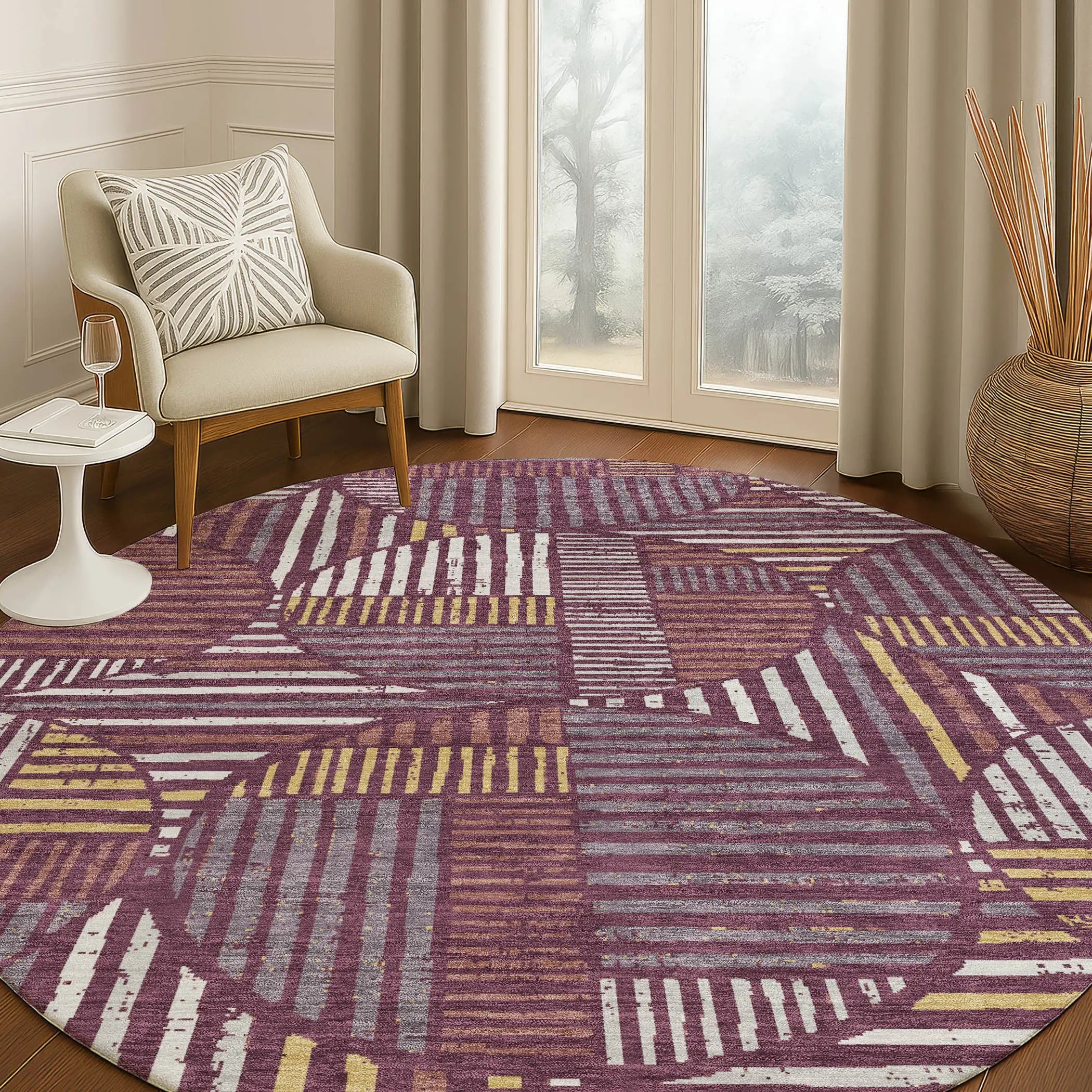 8' Eggplant And Brown Round Geometric Washable Indoor Outdoor Area Rug Homeroots Outdoor
