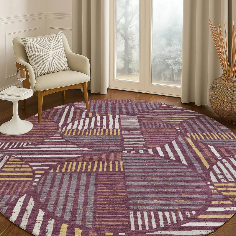 8' Eggplant And Brown Round Geometric Washable Indoor Outdoor Area Rug Homeroots Outdoor