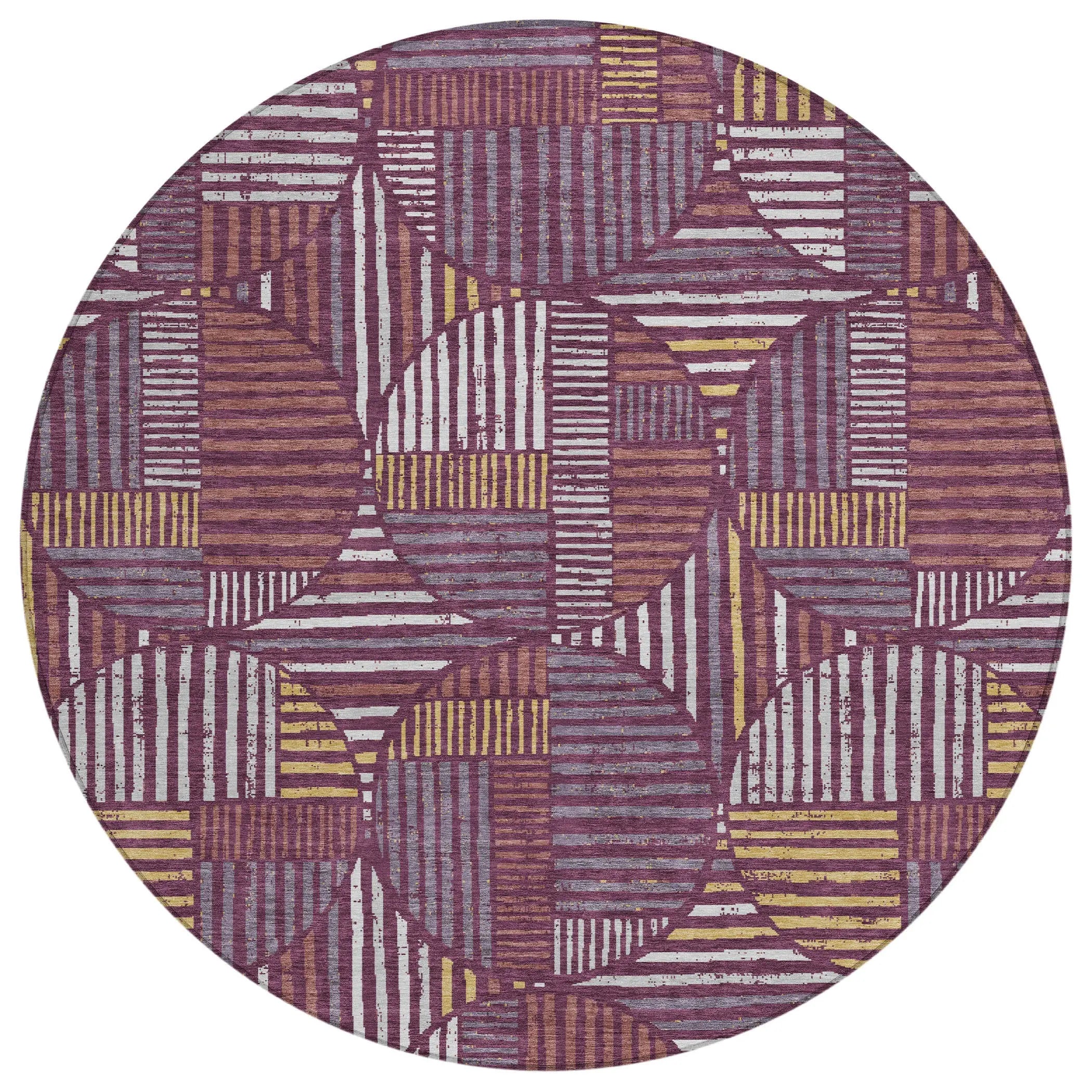 8' Eggplant And Brown Round Geometric Washable Indoor Outdoor Area Rug Homeroots Outdoor