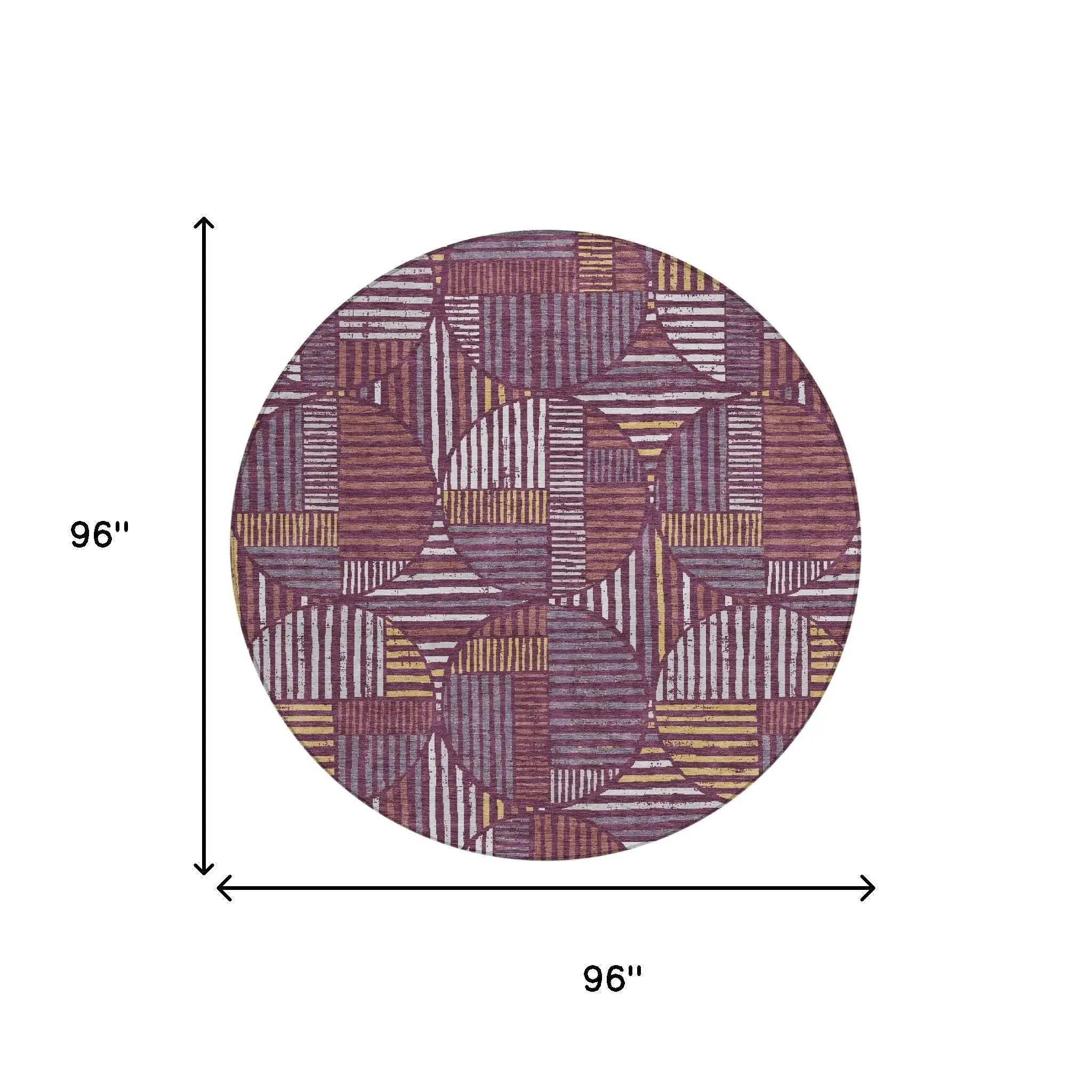 8' Eggplant And Brown Round Geometric Washable Indoor Outdoor Area Rug Homeroots Outdoor