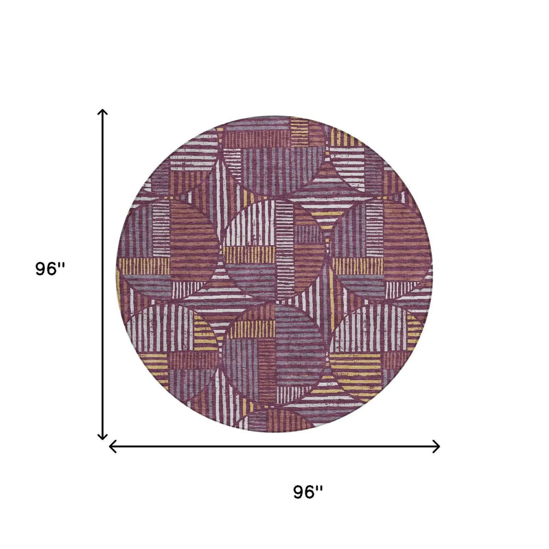 8' Eggplant And Brown Round Geometric Washable Indoor Outdoor Area Rug Homeroots Outdoor