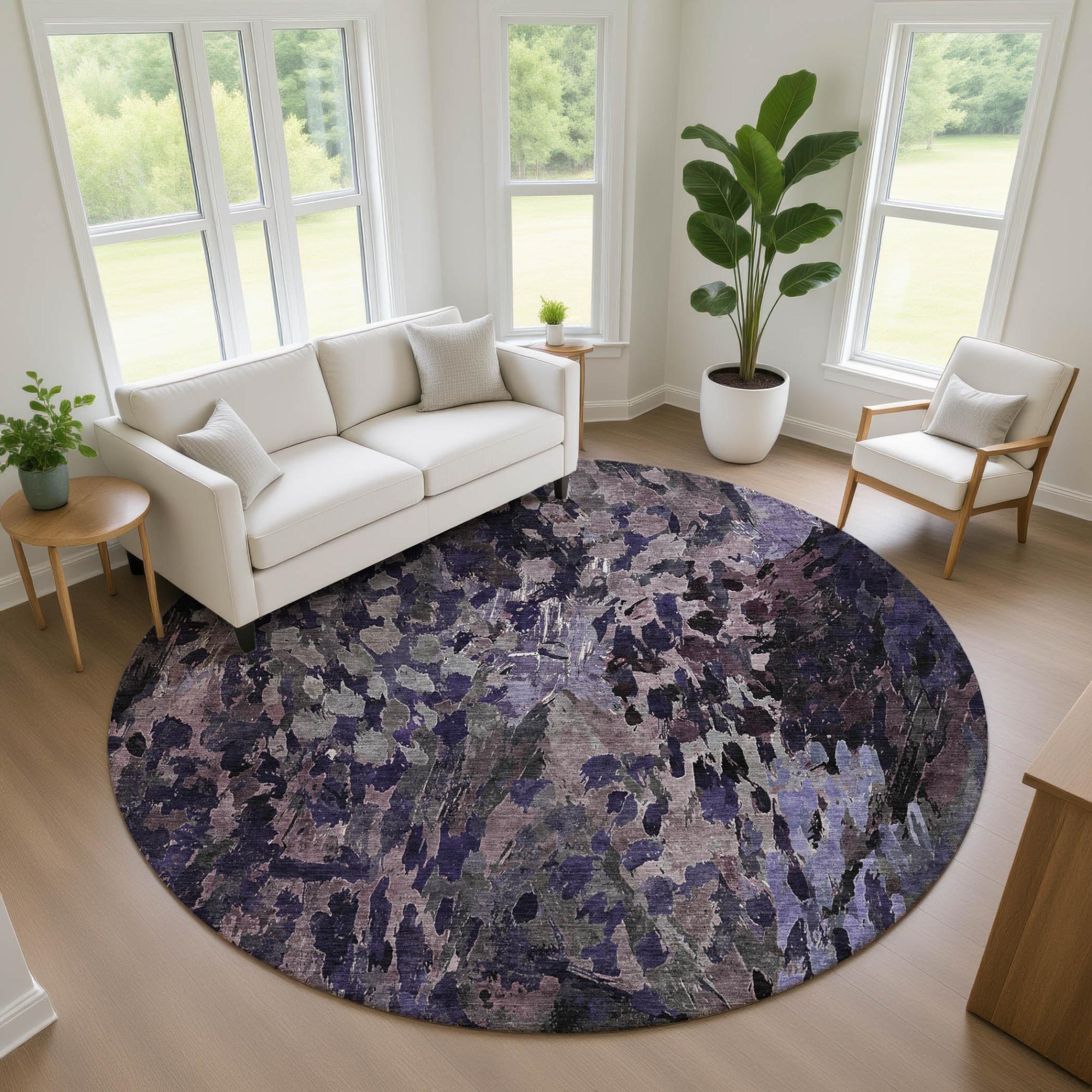 8' Eggplant And Purple Round Abstract Washable Indoor Outdoor Area Rug Homeroots Outdoor