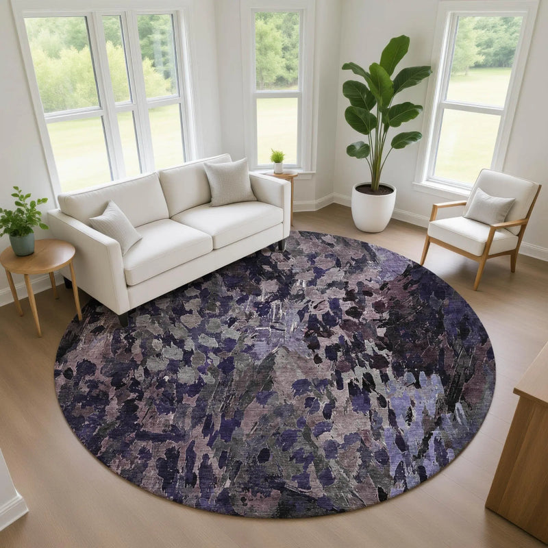 8' Eggplant And Purple Round Abstract Washable Indoor Outdoor Area Rug Homeroots Outdoor