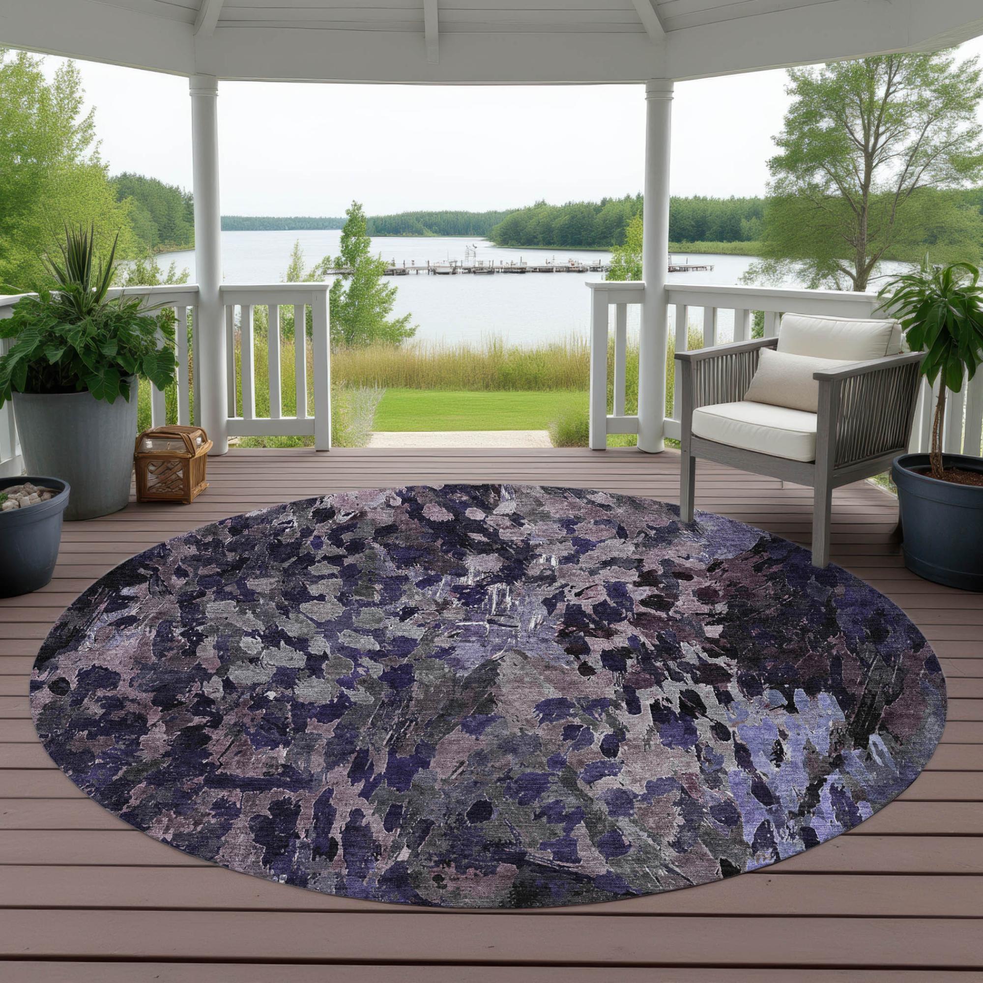 8' Eggplant And Purple Round Abstract Washable Indoor Outdoor Area Rug Homeroots Outdoor