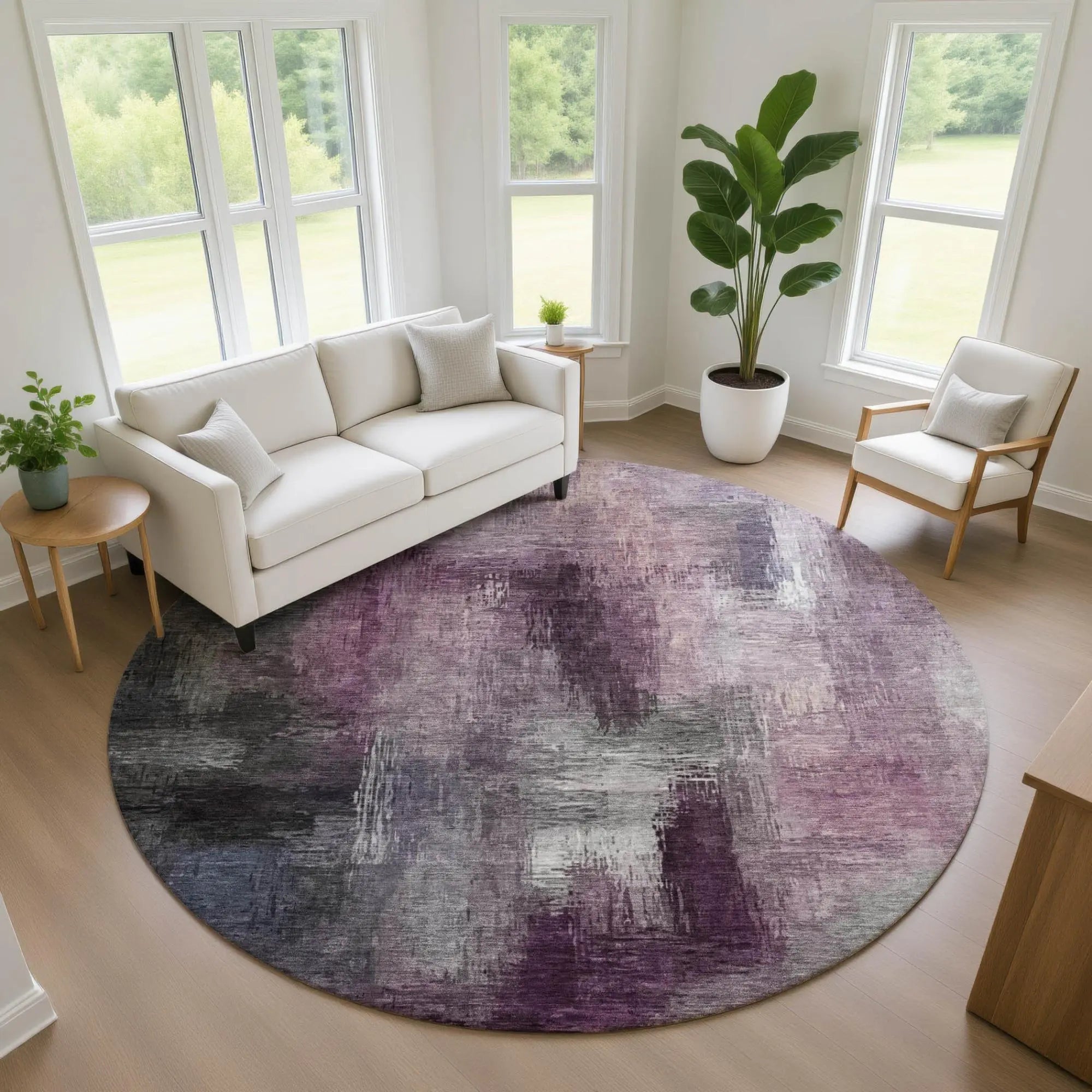 8' Eggplant And Purple Round Abstract Washable Indoor Outdoor Area Rug Homeroots Outdoor