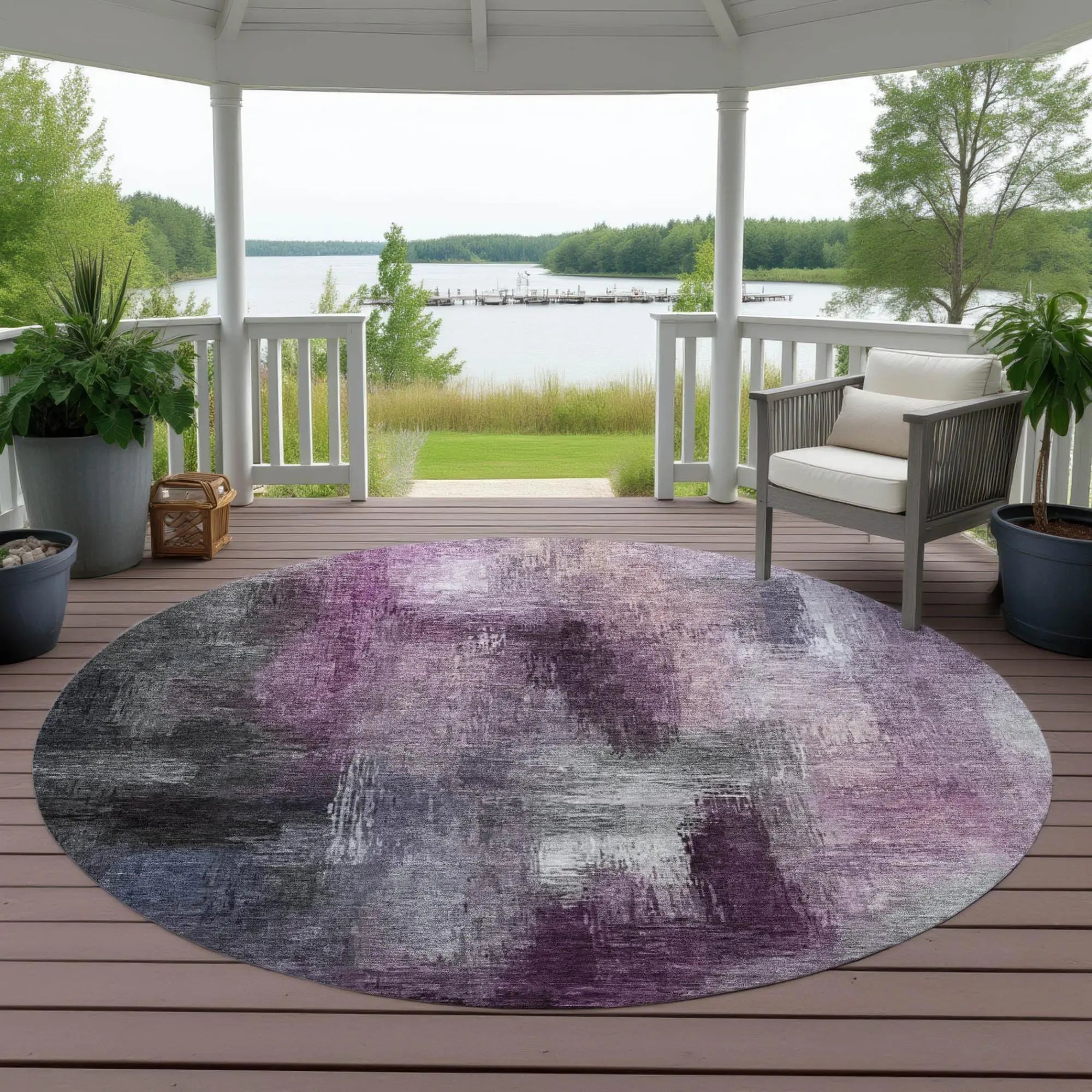 8' Eggplant And Purple Round Abstract Washable Indoor Outdoor Area Rug Homeroots Outdoor