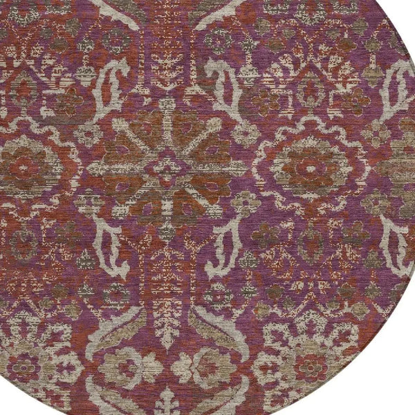 8' Eggplant And Purple Round Damask Washable Indoor Outdoor Area Rug Homeroots Outdoor