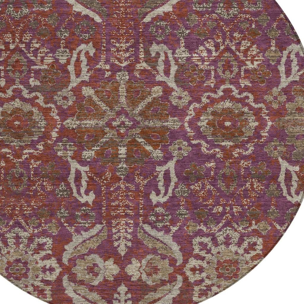 8' Eggplant And Purple Round Damask Washable Indoor Outdoor Area Rug Homeroots Outdoor