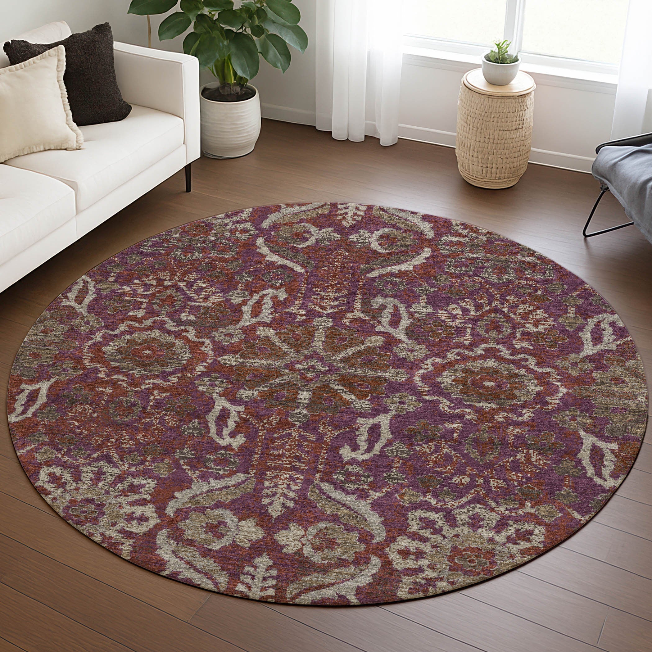 8' Eggplant And Purple Round Damask Washable Indoor Outdoor Area Rug Homeroots Outdoor