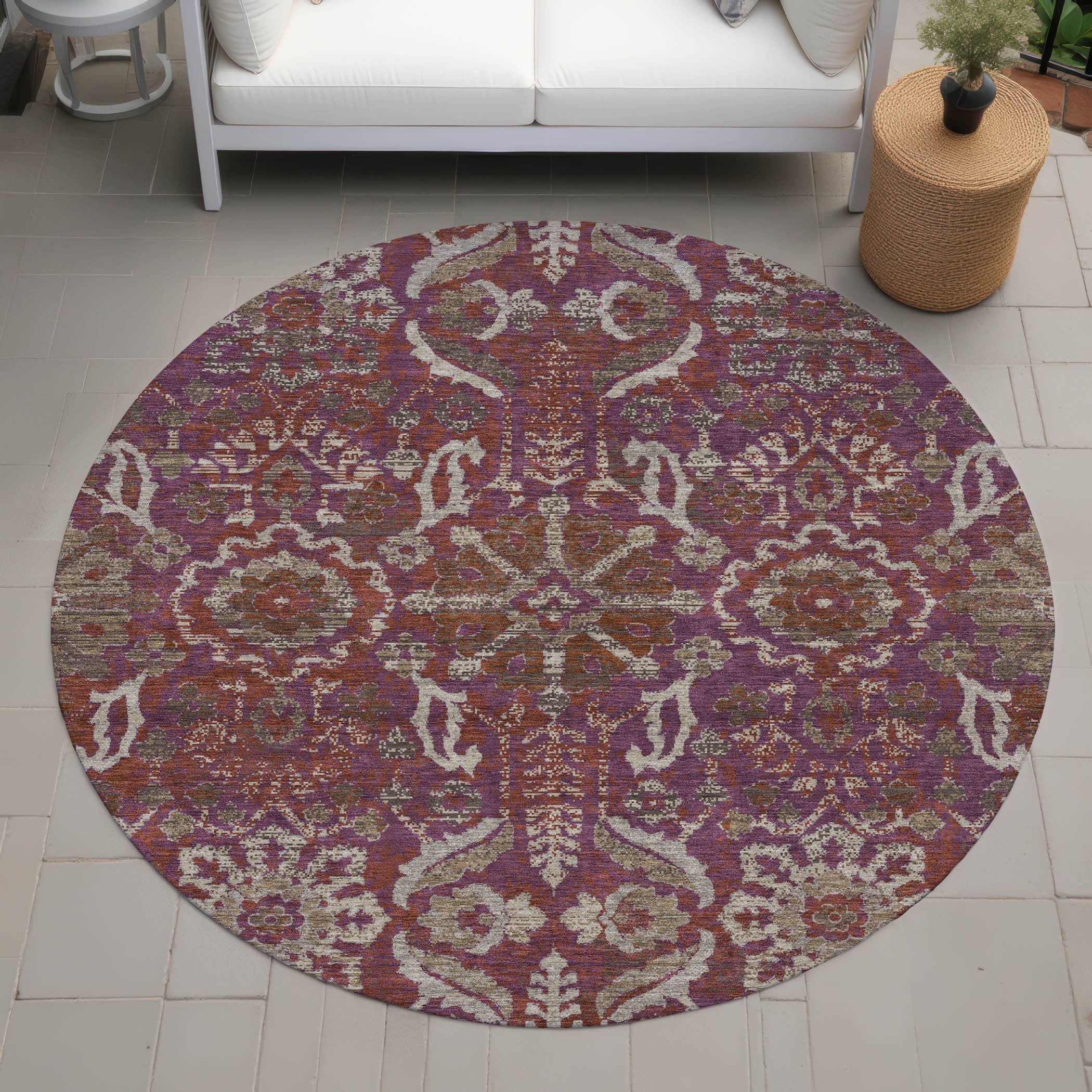 8' Eggplant And Purple Round Damask Washable Indoor Outdoor Area Rug Homeroots Outdoor