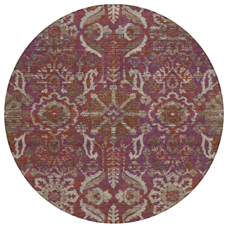 8' Eggplant And Purple Round Damask Washable Indoor Outdoor Area Rug Homeroots Outdoor