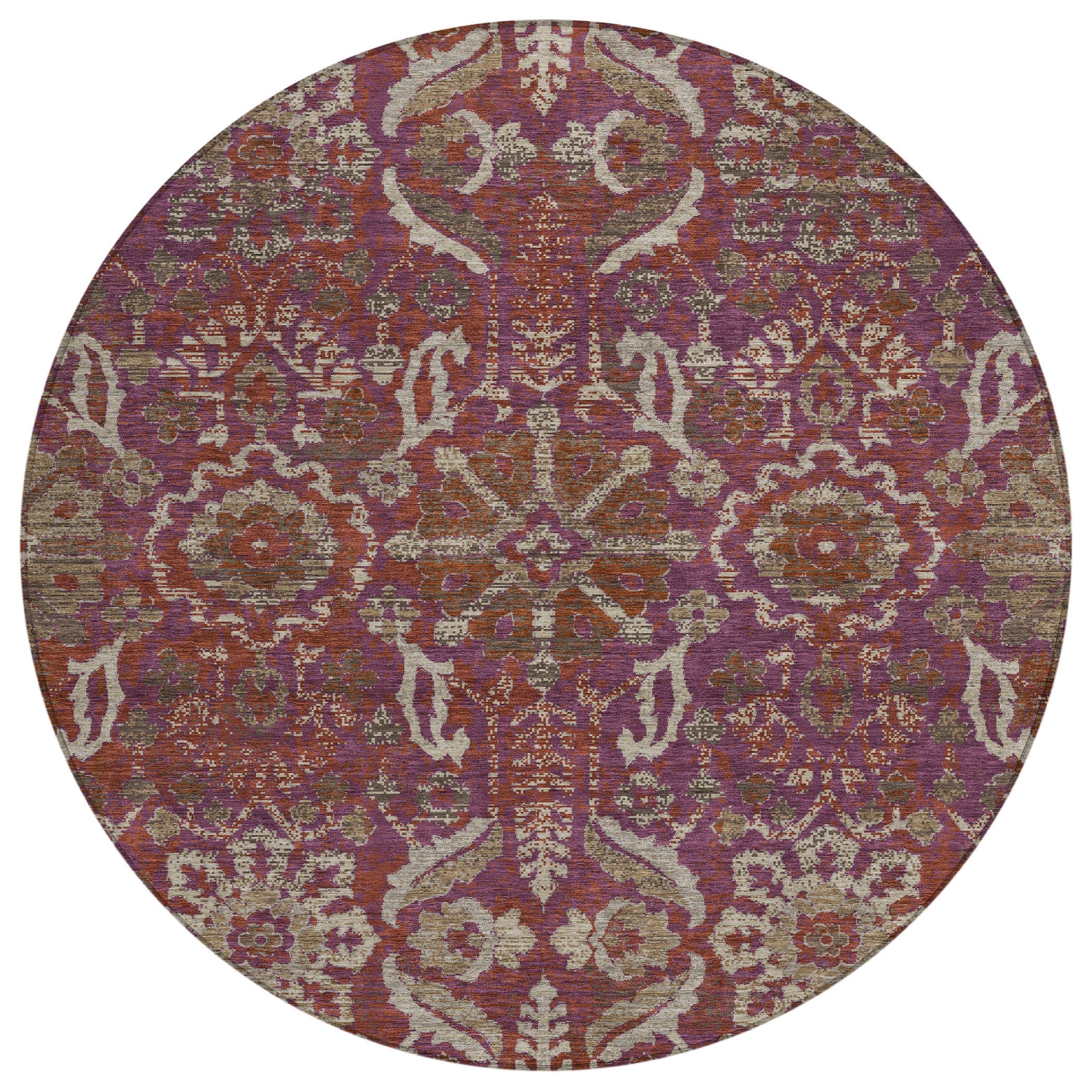 8' Eggplant And Purple Round Damask Washable Indoor Outdoor Area Rug Homeroots Outdoor