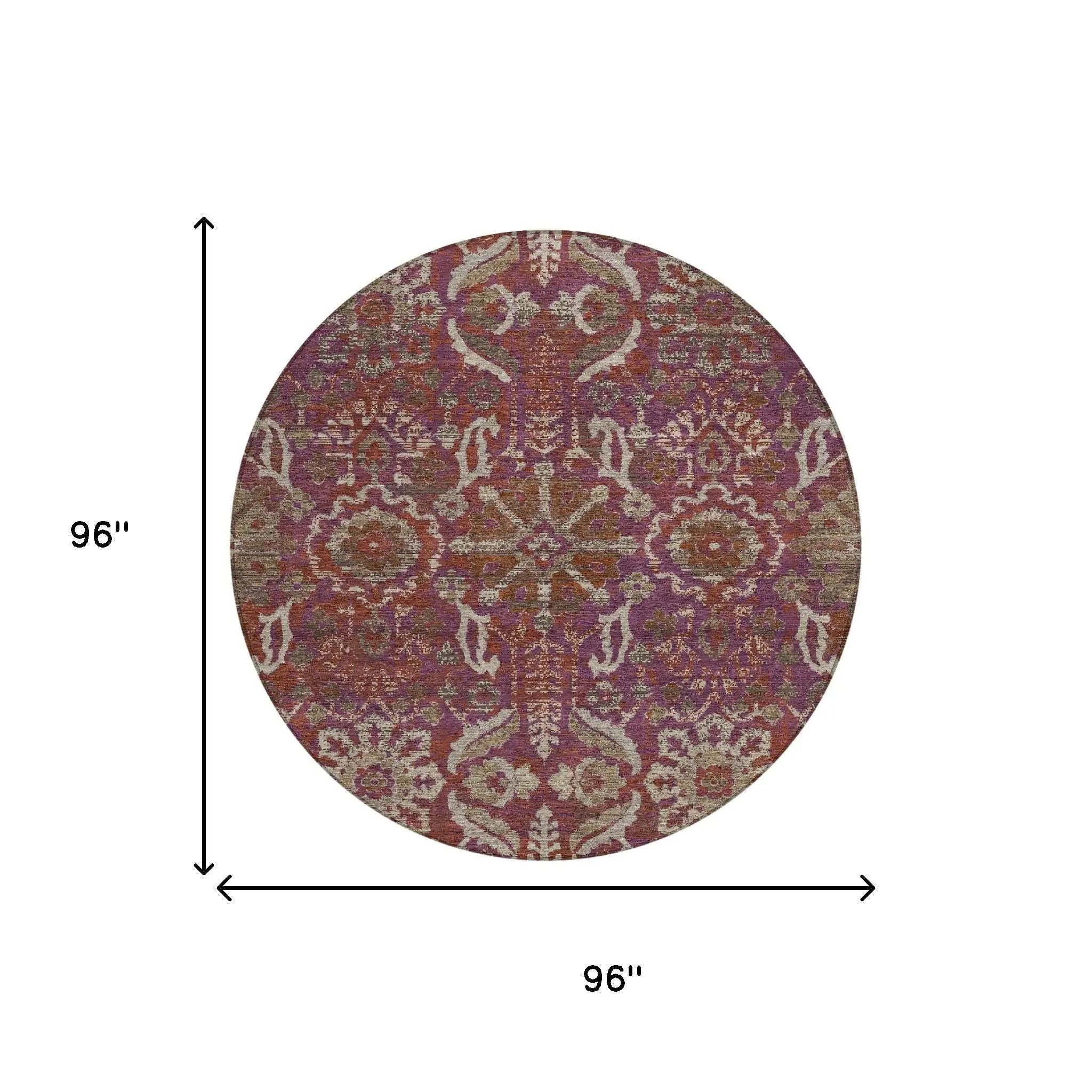 8' Eggplant And Purple Round Damask Washable Indoor Outdoor Area Rug Homeroots Outdoor