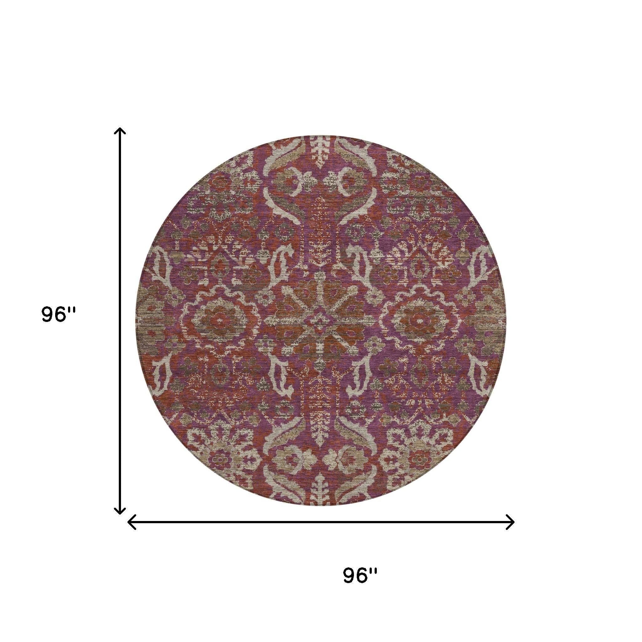 8' Eggplant And Purple Round Damask Washable Indoor Outdoor Area Rug Homeroots Outdoor