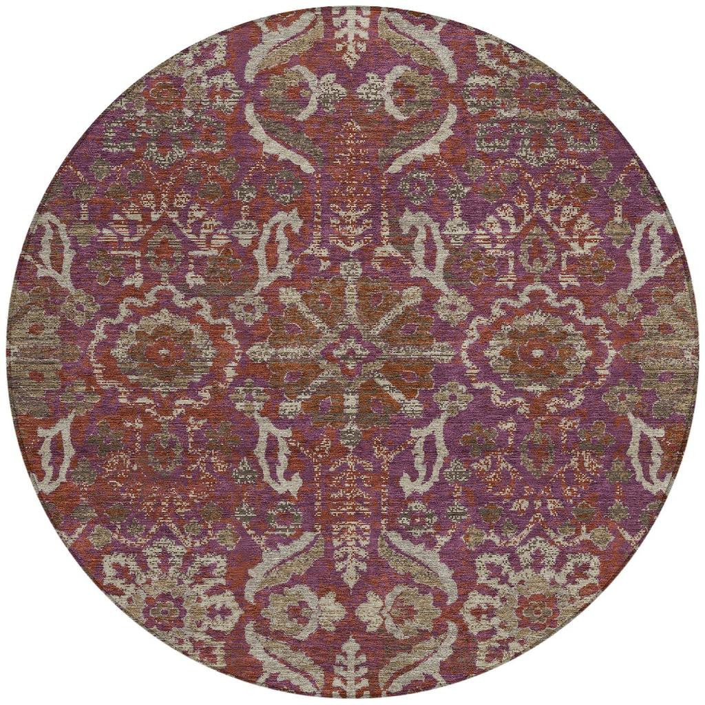 8' Eggplant And Purple Round Damask Washable Indoor Outdoor Area Rug Homeroots Outdoor