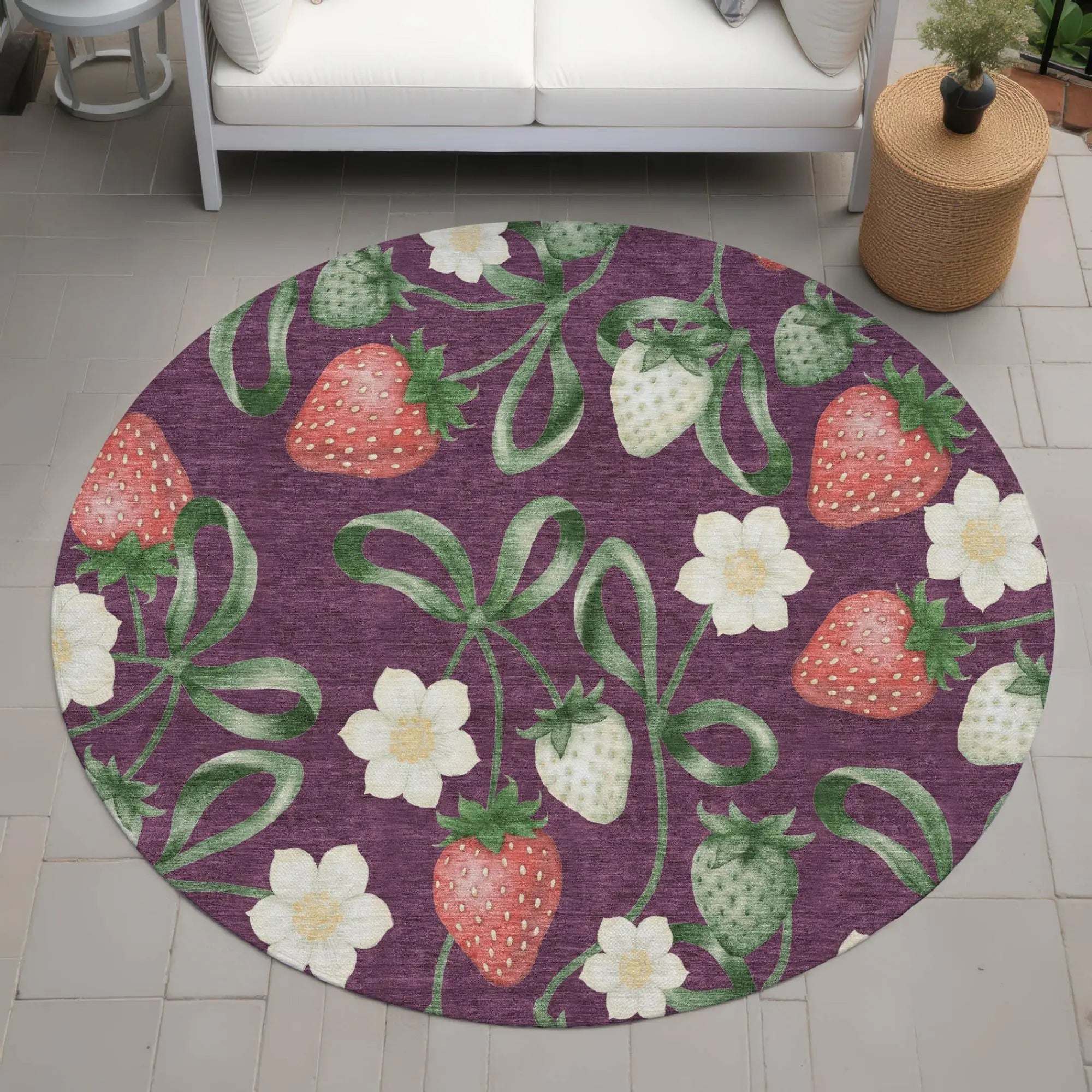 8' Eggplant And Purple Round Floral Washable Indoor Outdoor Area Rug Homeroots Outdoor