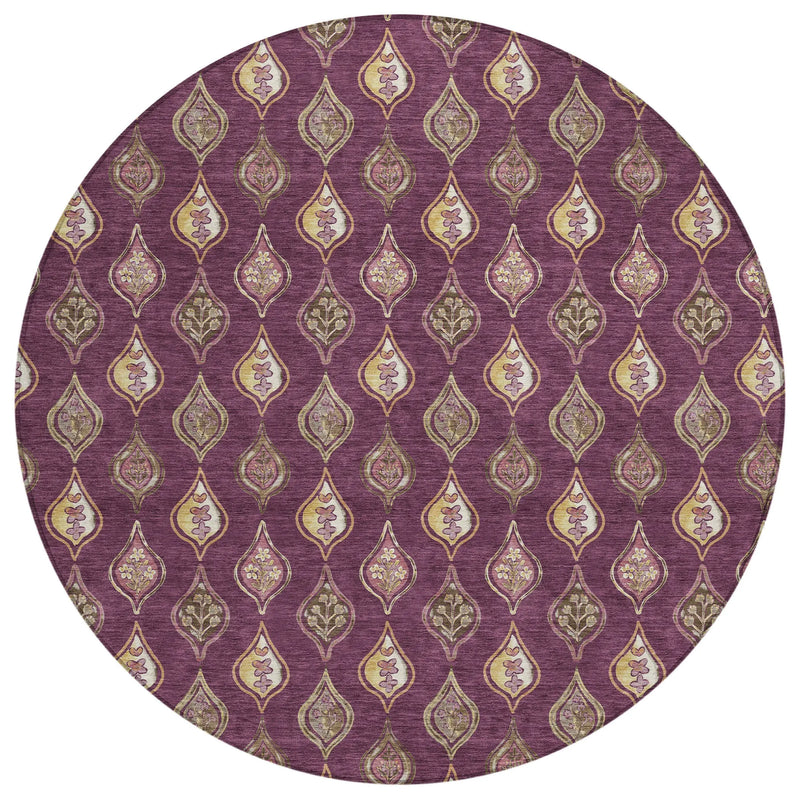 8' Eggplant And Purple Round Floral Washable Indoor Outdoor Area Rug Homeroots Outdoor