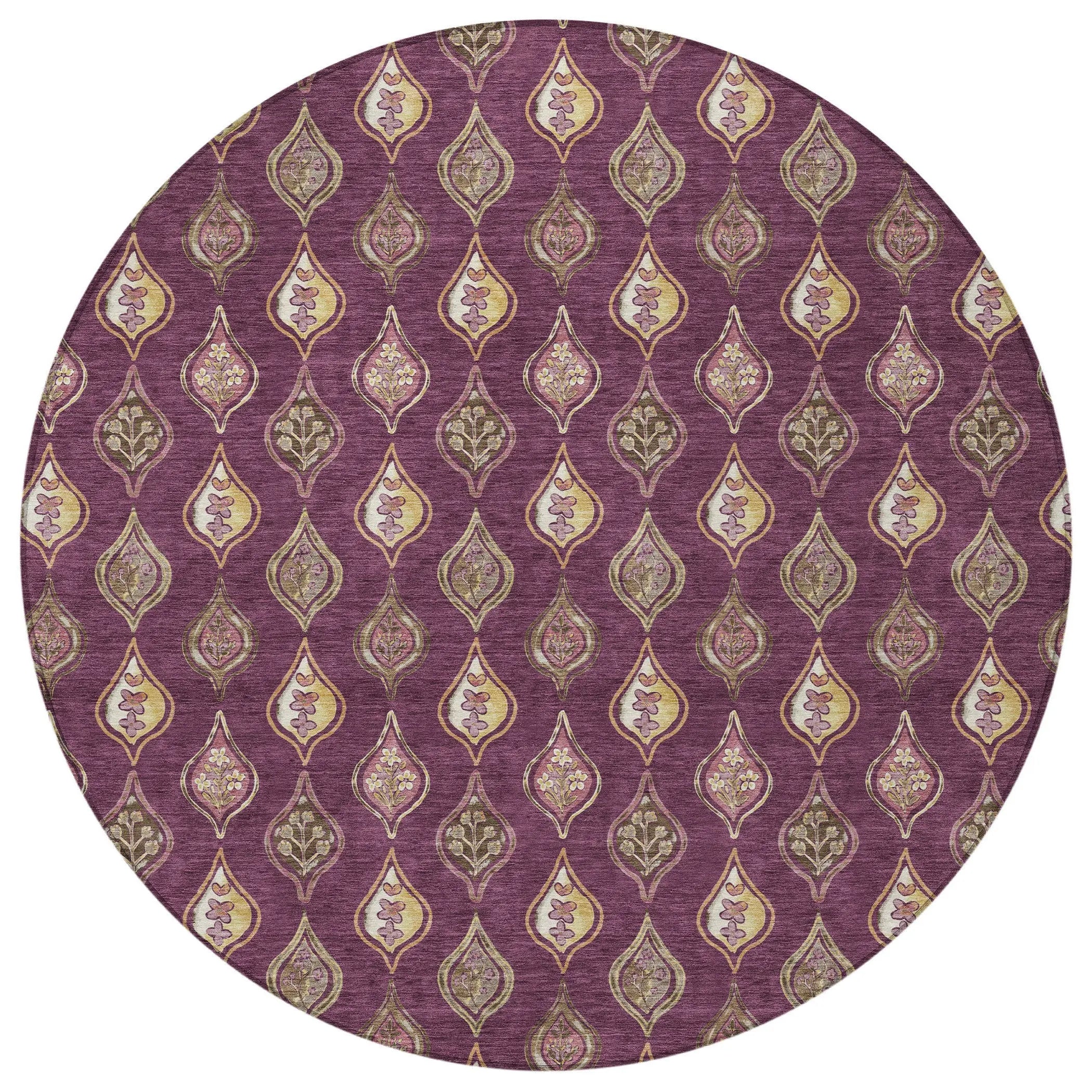 8' Eggplant And Purple Round Floral Washable Indoor Outdoor Area Rug Homeroots Outdoor