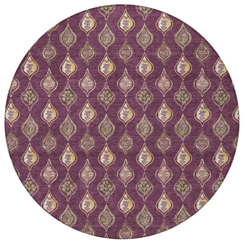 8' Eggplant And Purple Round Floral Washable Indoor Outdoor Area Rug Homeroots Outdoor