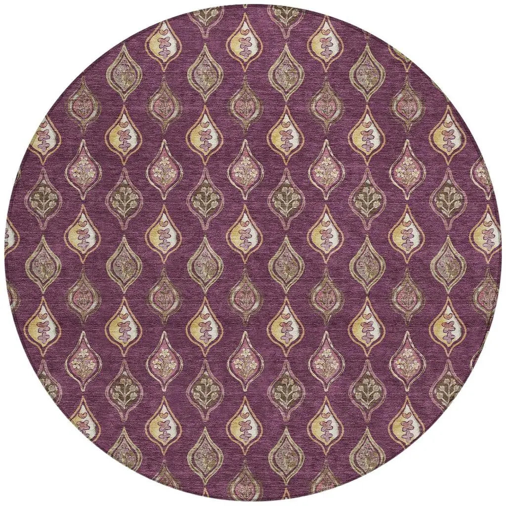 8' Eggplant And Purple Round Floral Washable Indoor Outdoor Area Rug Homeroots Outdoor