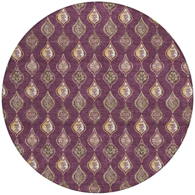 8' Eggplant And Purple Round Floral Washable Indoor Outdoor Area Rug Homeroots Outdoor