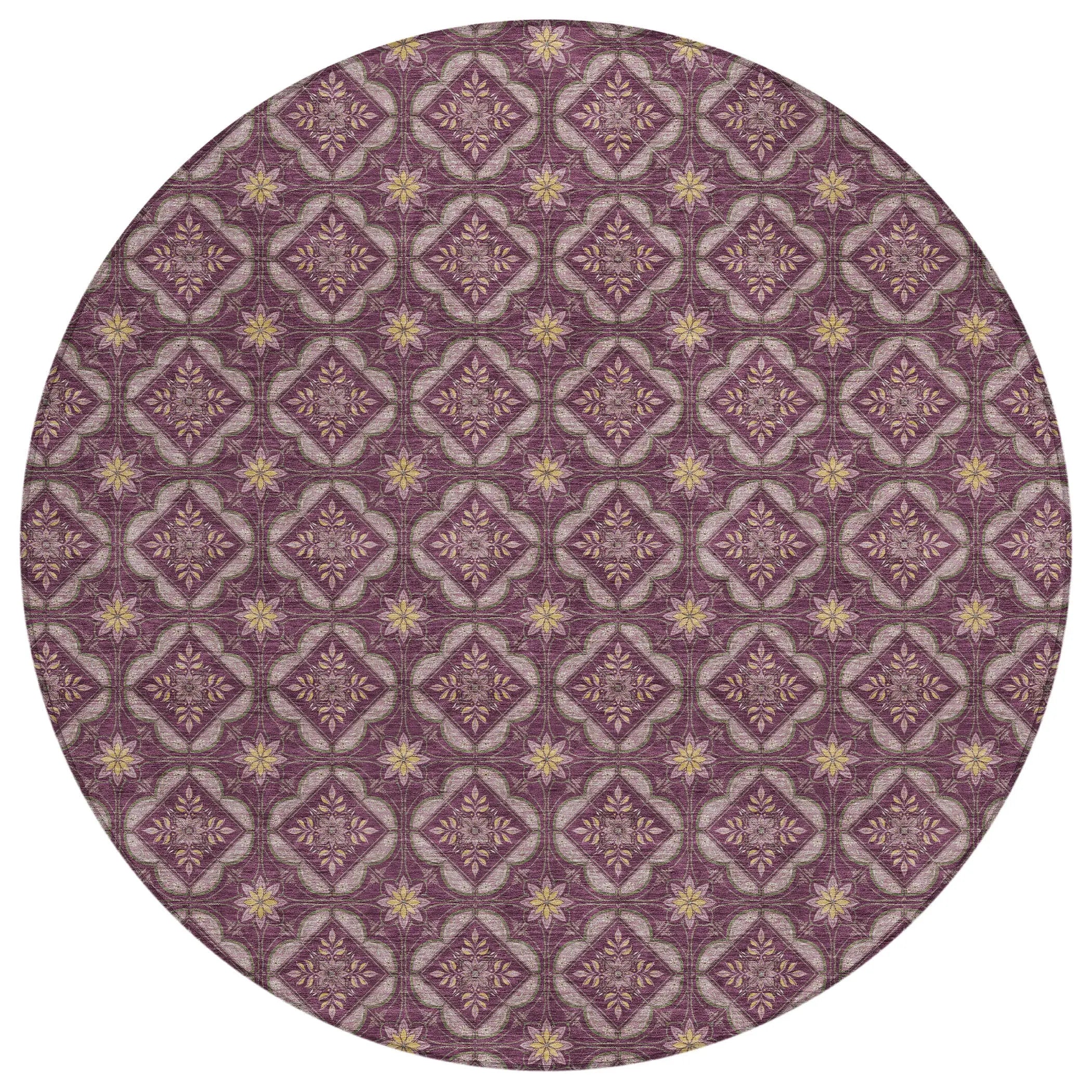 8' Eggplant And Purple Round Geometric Washable Indoor Outdoor Area Rug Homeroots Outdoor