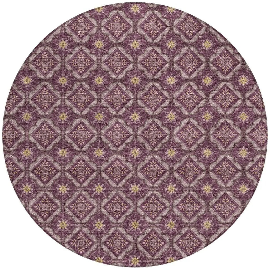 8' Eggplant And Purple Round Geometric Washable Indoor Outdoor Area Rug Homeroots Outdoor