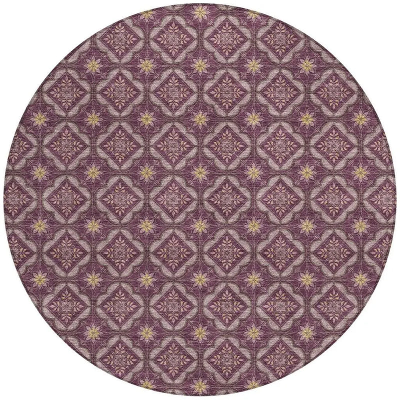 8' Eggplant And Purple Round Geometric Washable Indoor Outdoor Area Rug Homeroots Outdoor
