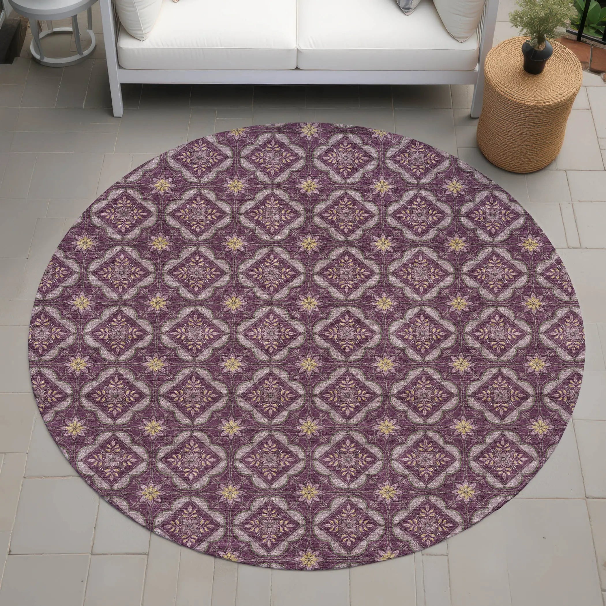 8' Eggplant And Purple Round Geometric Washable Indoor Outdoor Area Rug Homeroots Outdoor
