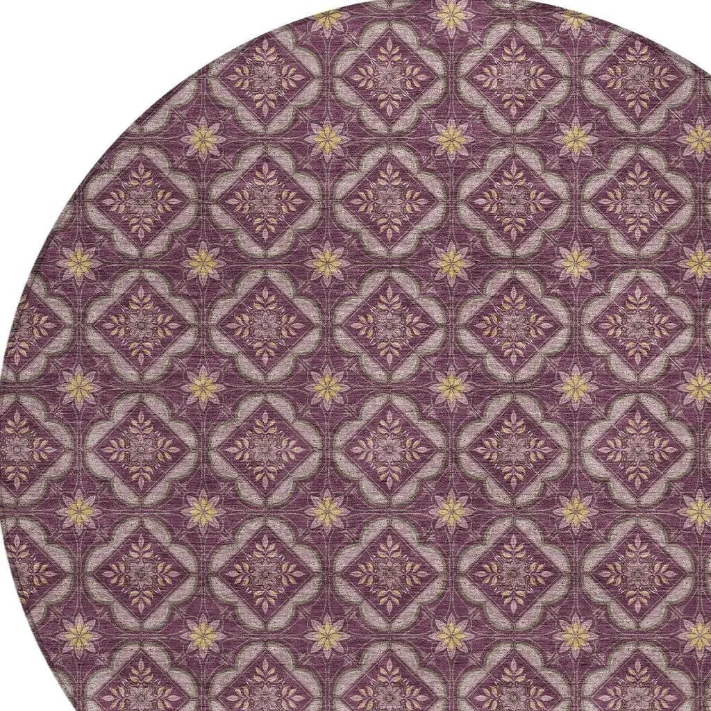 8' Eggplant And Purple Round Geometric Washable Indoor Outdoor Area Rug Homeroots Outdoor