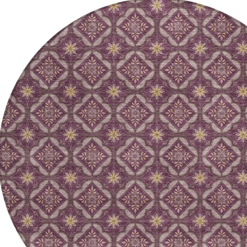 8' Eggplant And Purple Round Geometric Washable Indoor Outdoor Area Rug Homeroots Outdoor
