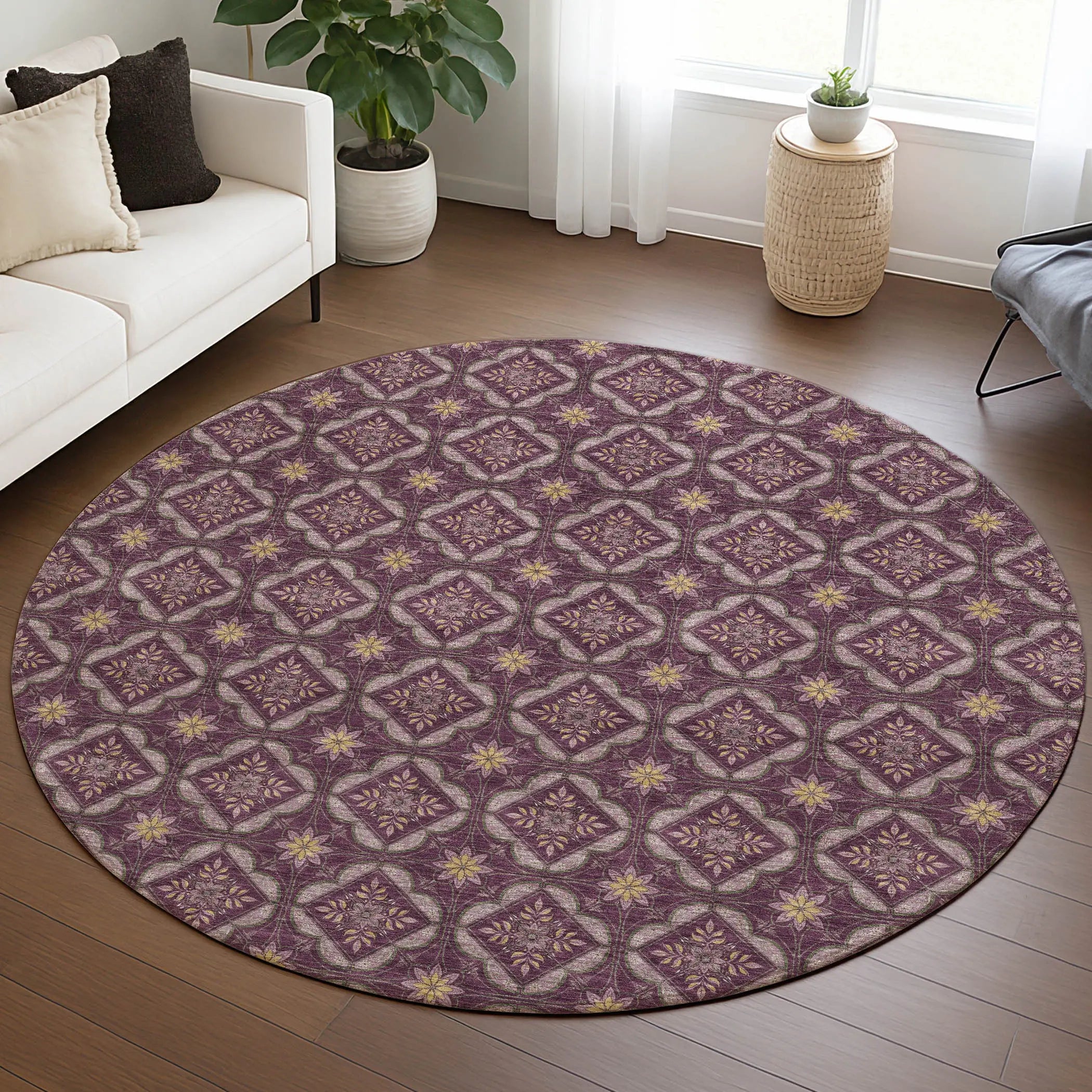 8' Eggplant And Purple Round Geometric Washable Indoor Outdoor Area Rug Homeroots Outdoor