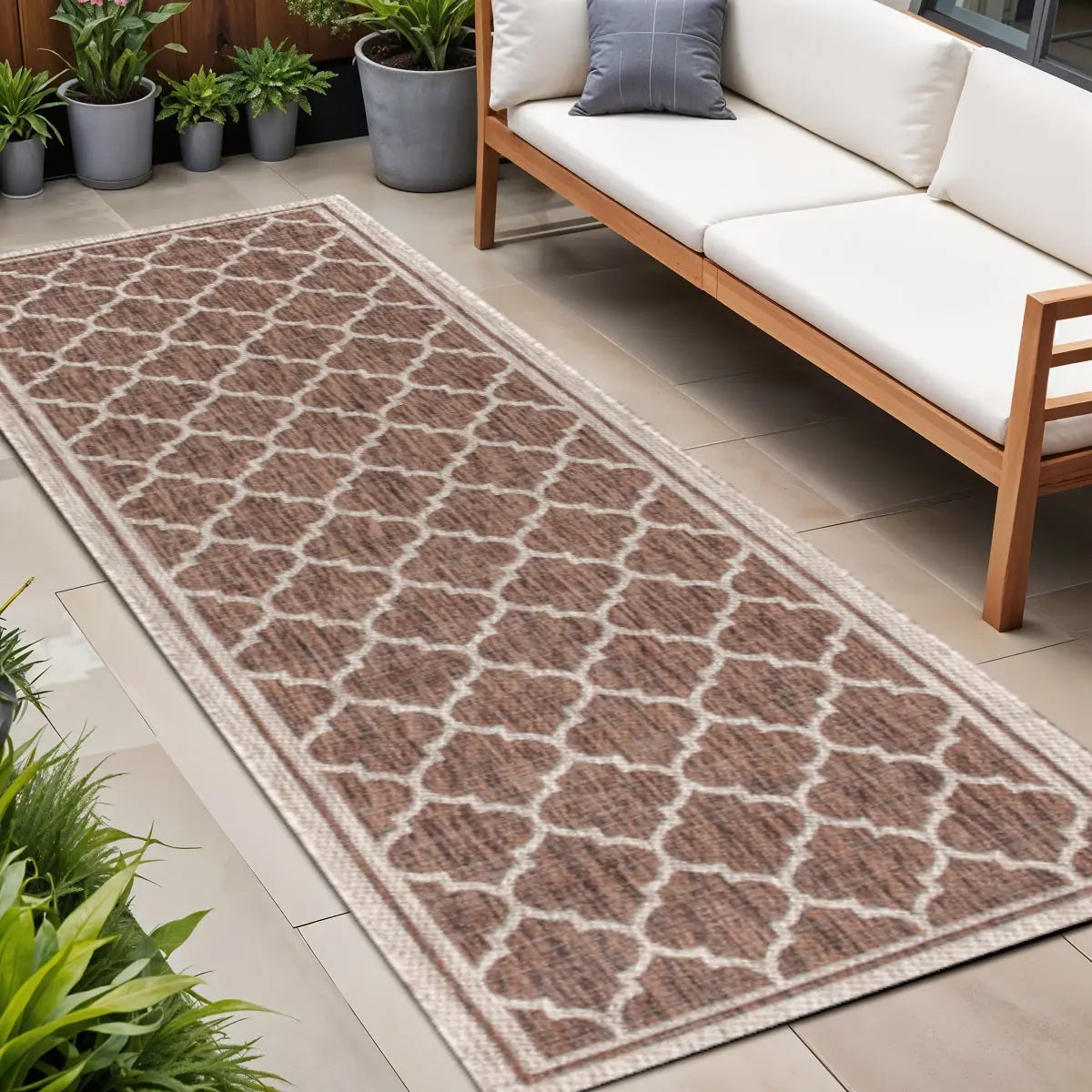8' Espresso And Taupe Geometric Indoor Outdoor Runner Rug Homeroots Outdoor